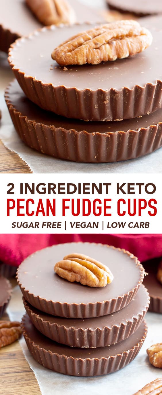Low Carb Chocolate Fudge Pecan Cups Recipe: just 2 ingredients to make delicious Keto Fudge! Decadent, thick cups of velvety chocolate fudge with sweet pecan flavor. #Keto #LowCarb #SugarFree #Fudge #Vegan | Recipe at BeamingBaker.com