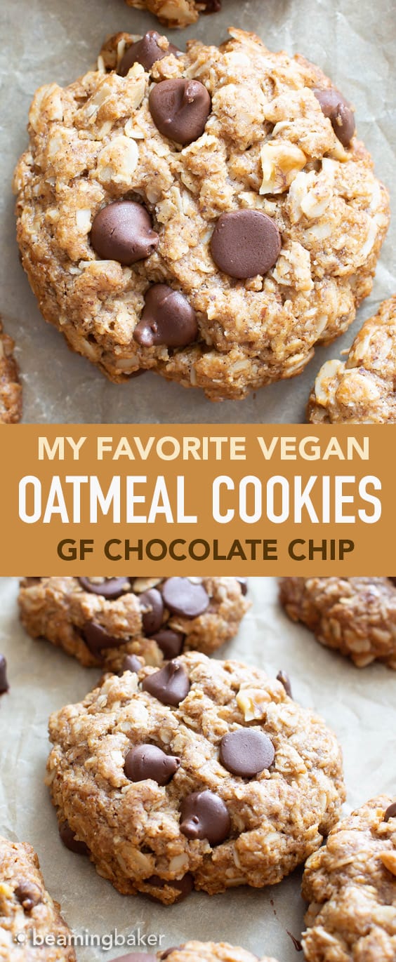 Vegan Oatmeal Chocolate Chip Cookies: my FAVORITE vegan oatmeal chocolate chip cookies have crisp edges, chewy centers and are chockfull of chocolate! Dairy-Free, Plant-Based. #Vegan #OatmealCookies #OatmealChocolateChip #VeganCookies #DairyFree | Recipe at BeamingBaker.com