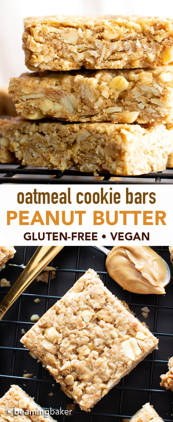 Vegan Oatmeal Peanut Butter Cookie Bars (GF): the best salty & sweet oatmeal cookie bars, with chewy, crispy edges, chopped peanuts, and bursting with Peanut Butter flavor! Gluten-Free, Dairy-Free. #PeanutButter #Oatmeal #Vegan #GlutenFree | Recipe at BeamingBaker.com