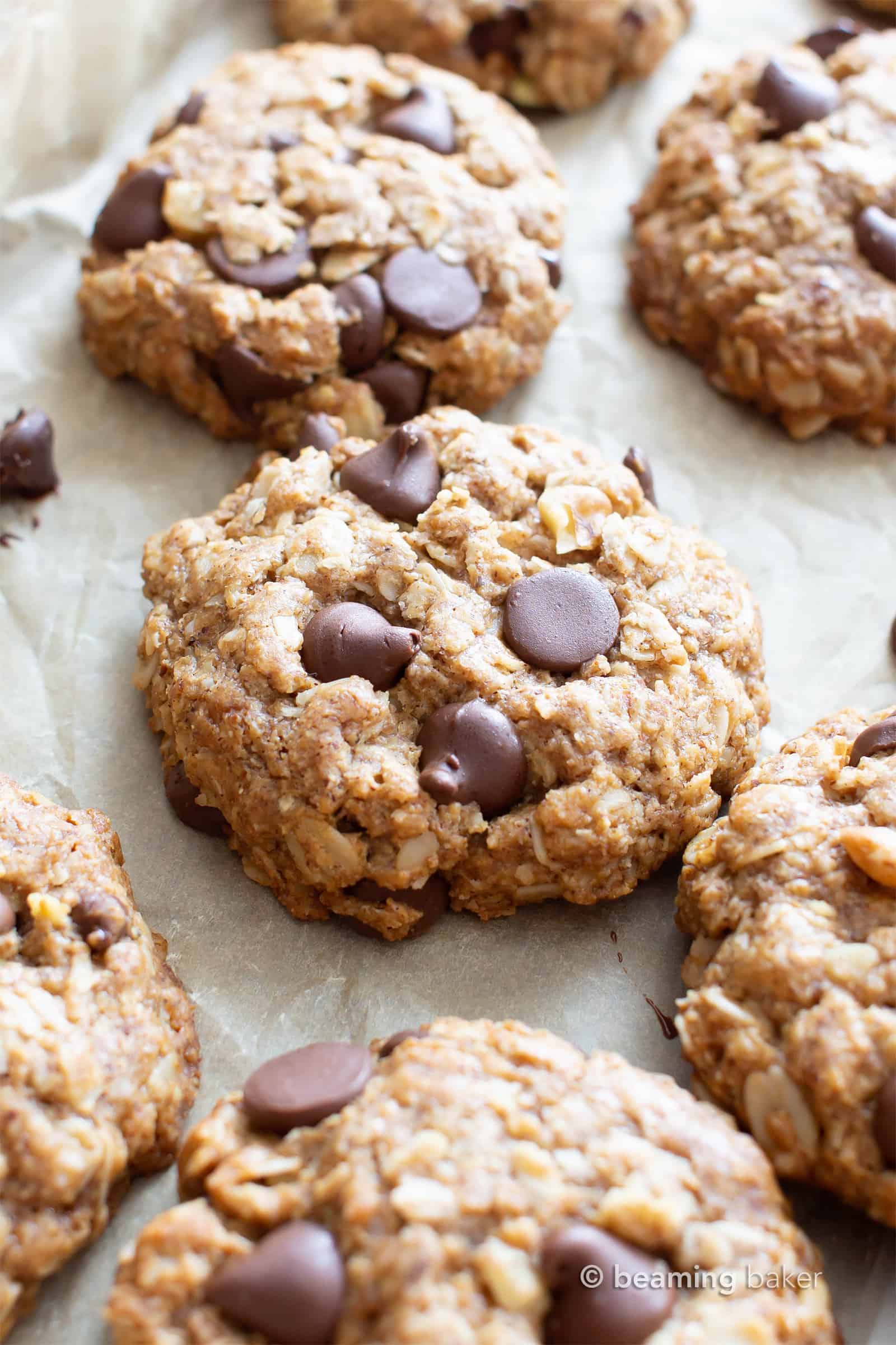 Dairy free oatmeal cookies with melted chocolate chips and cookies in background