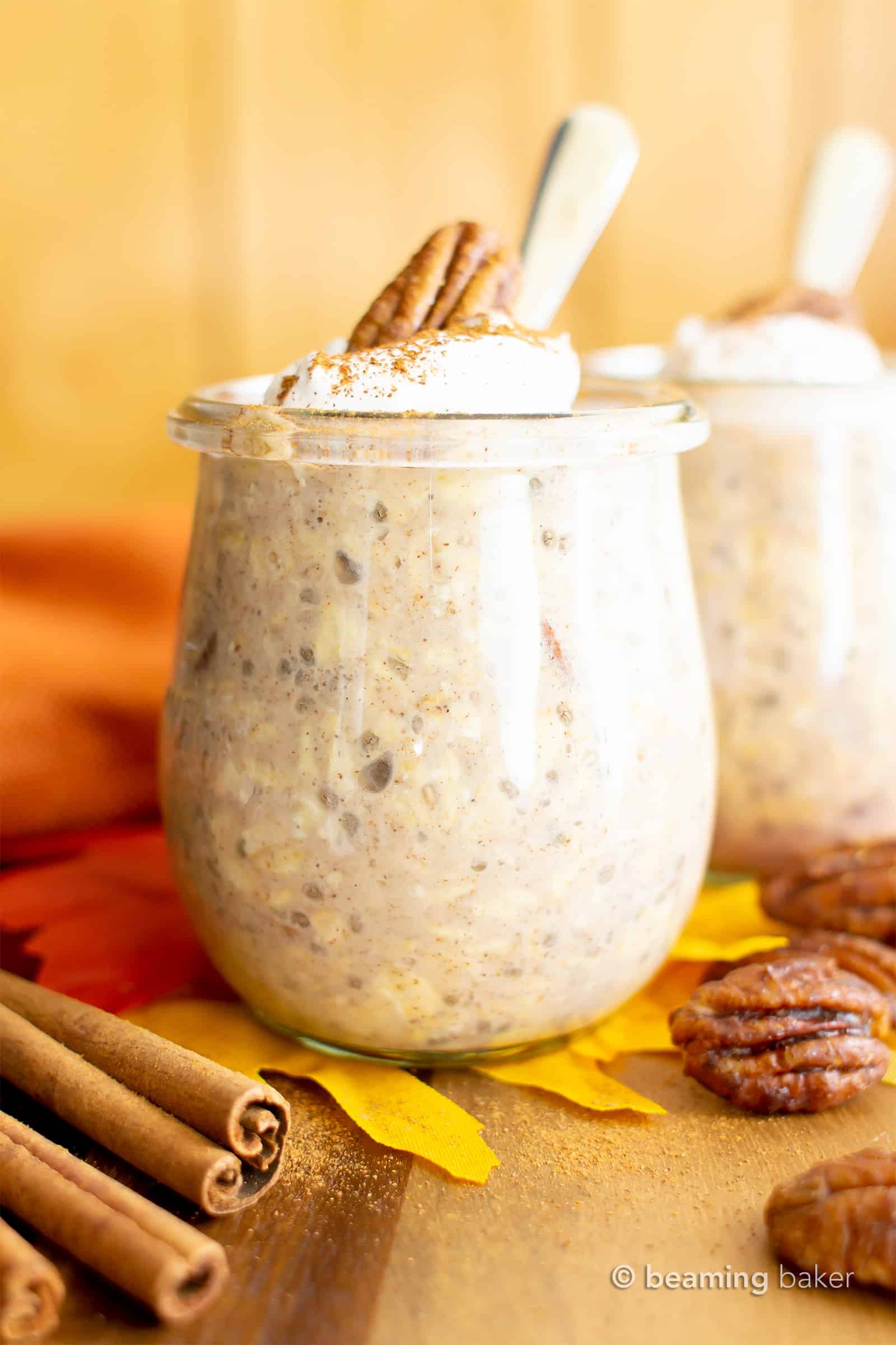 Pecan Pie Vegan Overnight Oats Recipe: this healthy vegan overnight oatmeal recipe is creamy, indulgent & tastes like pecan pie! Quick ‘n easy, made with whole ingredients, Gluten Free, Dairy-Free. #OvernightOats #Vegan #Healthy #Breakfast #GlutenFree | Recipe at BeamingBaker.com