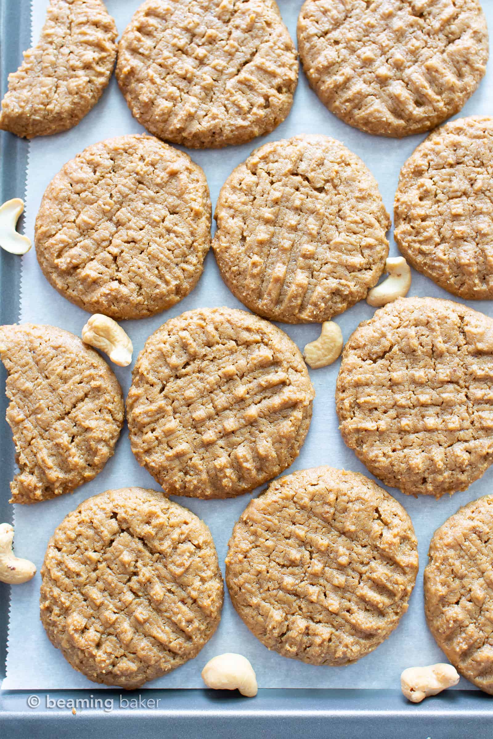 Vegan Cashew Butter Cookies Recipe: just 4 ingredients for super soft, buttery, melt-in-your-mouth Flourless & Paleo Cashew Butter Cookies! Quick & easy, made from healthy ingredients, GF. #CashewButter #Cookies #Paleo #Vegan #Flourless | Recipe at BeamingBaker.com
