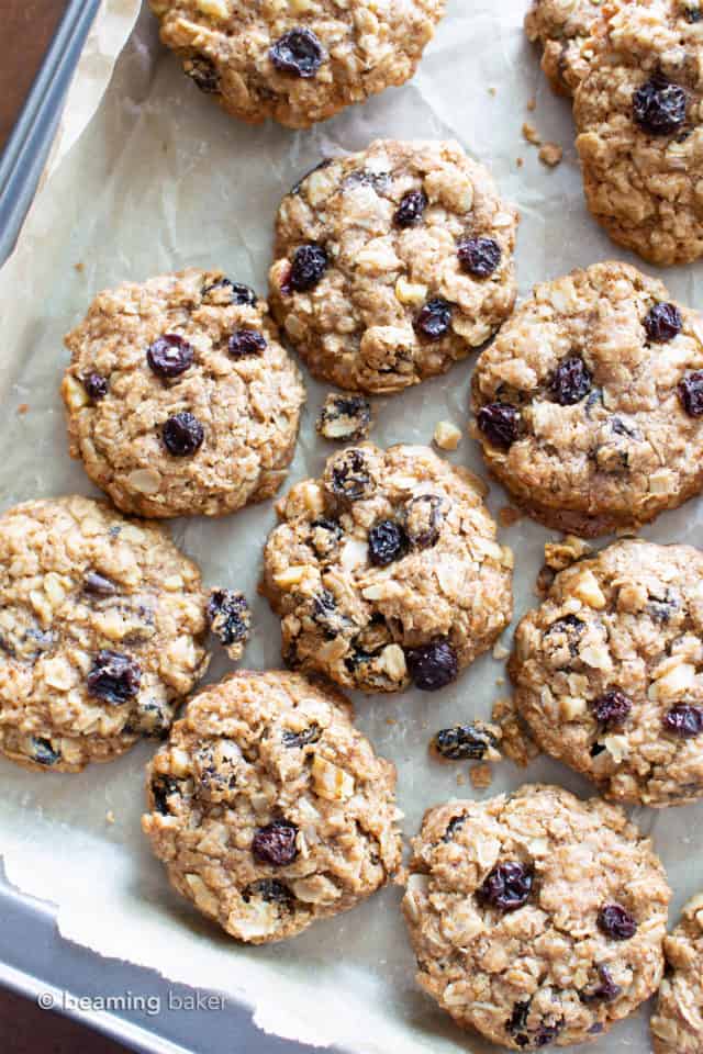 Amazing Chewy Vegan Oatmeal Raisin Cookies (Gluten Free) - Beaming Baker