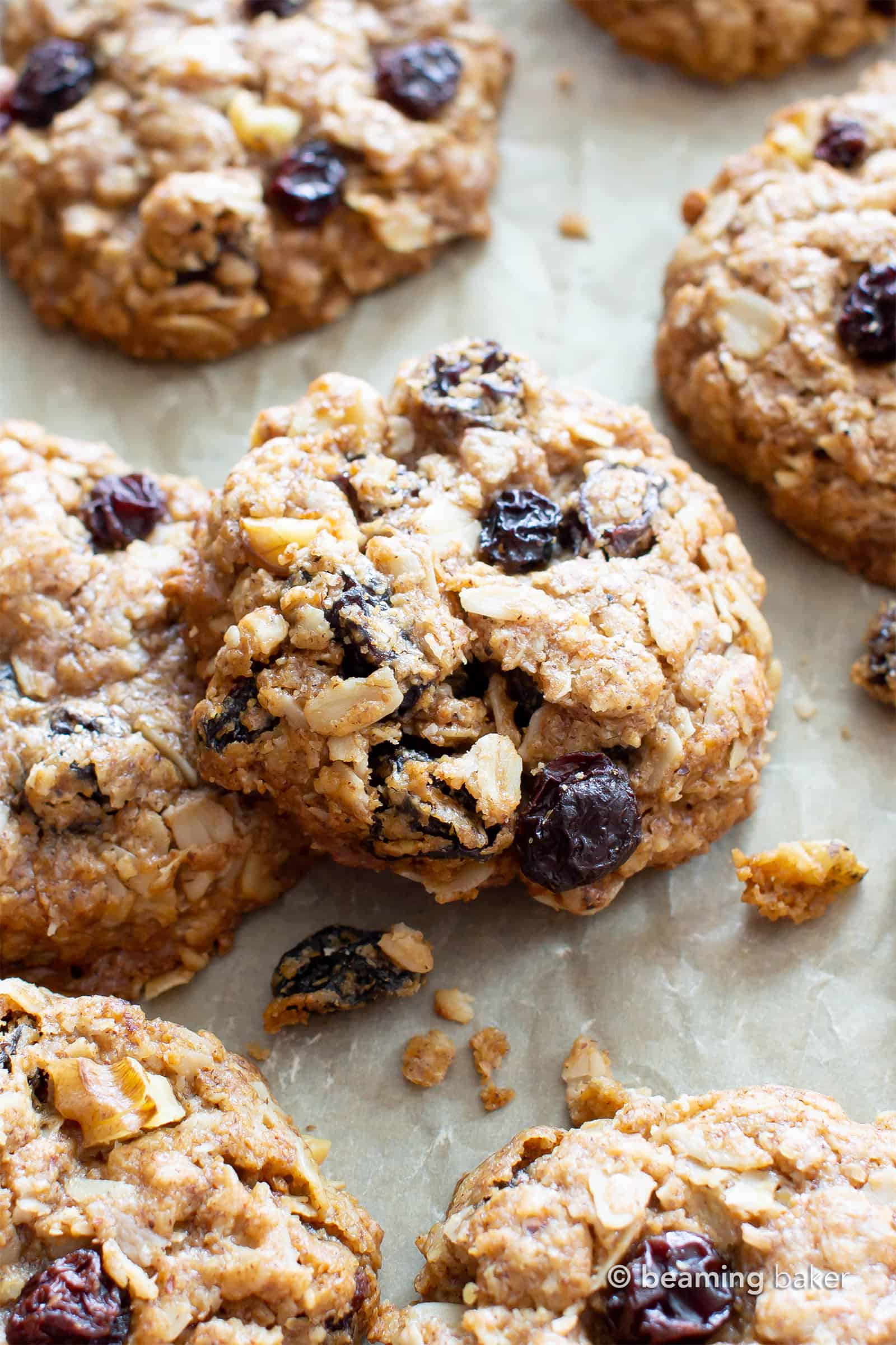 The BEST VEGAN chewy oatmeal raisin cookies EVER--crispy edges with a CHEWY center, bursting with oats, warm spices & juicy raisins! Gluten-Free, Healthy Ingredients! #Vegan #Cookies #OatmealRaisin #GlutenFree | Recipe at BeamingBaker.com