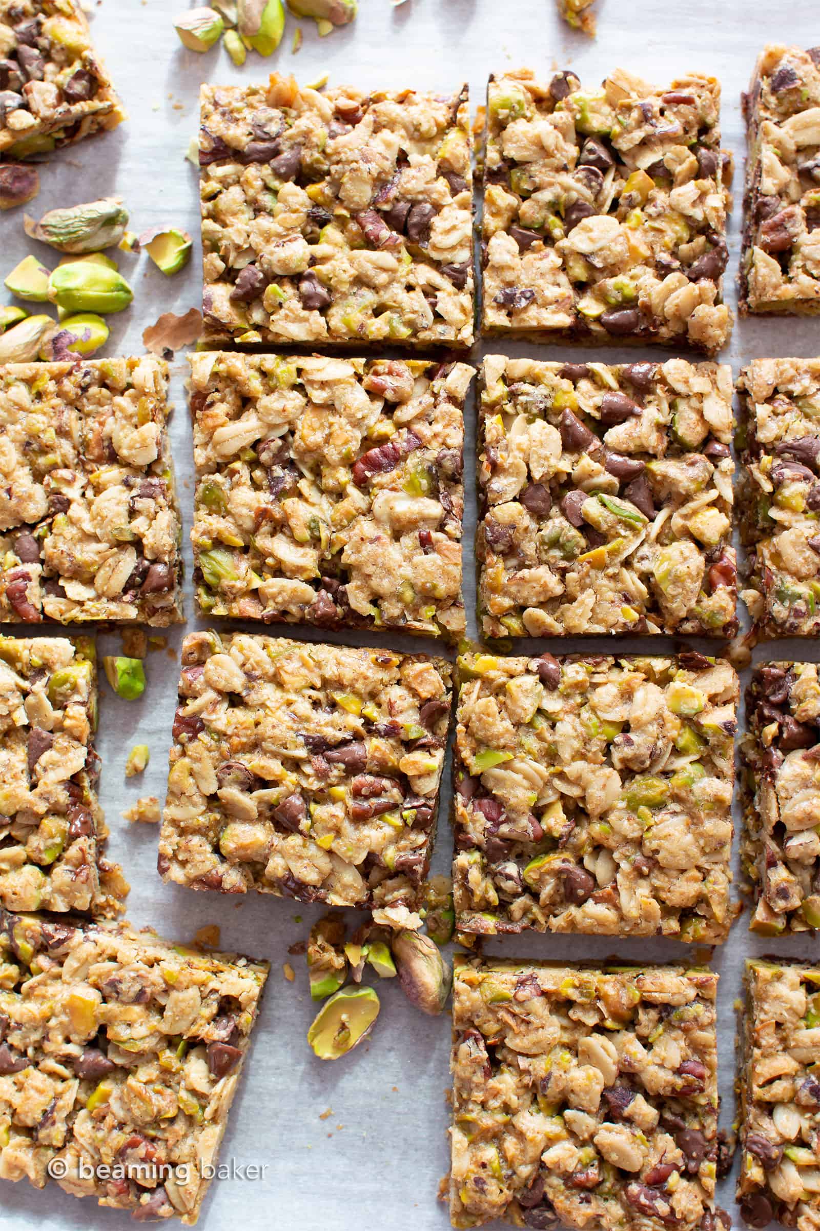Chocolate Pistachio Healthy Vegan Snack Bars (GF): soft & chewy Gluten Free Vegan snack bars packed with chocolate & pistachios! The perfect nutty snack—easy to make, simple ingredients for the BEST vegan snack bars! Dairy-Free, Refined Sugar-Free. #Snacks #Vegan #GlutenFree #HealthySnacks | Recipe at BeamingBaker.com