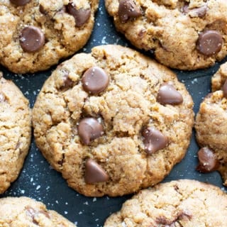 Salted Tahini Paleo Chocolate Chip Cookies (Coconut Flour): this gluten free chocolate chip cookies recipe is chewy, salty ‘n sweet! The best coconut flour chocolate chip cookies made with tahini butter! #Paleo #GlutenFree #Vegan #Cookies #GrainFree #Chocolate | Recipe at BeamingBaker.com
