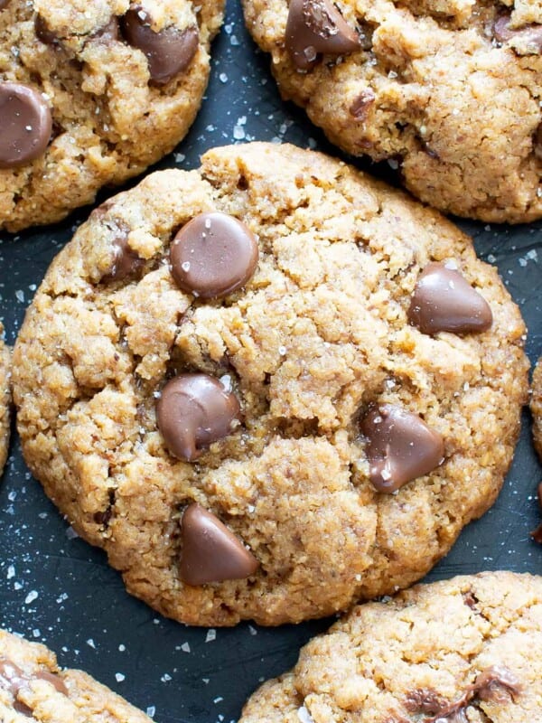 Salted Tahini Paleo Chocolate Chip Cookies (Coconut Flour): this gluten free chocolate chip cookies recipe is chewy, salty ‘n sweet! The best coconut flour chocolate chip cookies made with tahini butter! #Paleo #GlutenFree #Vegan #Cookies #GrainFree #Chocolate | Recipe at BeamingBaker.com