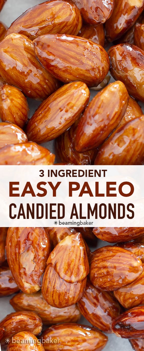 Paleo Candied Almonds: 5-minute stovetop EASY candied almonds recipe! Learn how to make the BEST vegan candied almonds—sweet, healthy & gluten free! #Almonds #Paleo #Vegan #Healthy #Christmas | Recipe at BeamingBaker.com