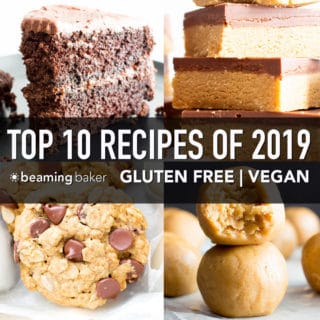 Top 10 Vegan Gluten Free Recipes (GF): join me as we countdown the most popular GF + vegan recipes of the year! Including: no bake treats, cookies, cake, muffins and more! #Vegan #GlutenFree #Paleo #Healthy | Recipes on BeamingBaker.com