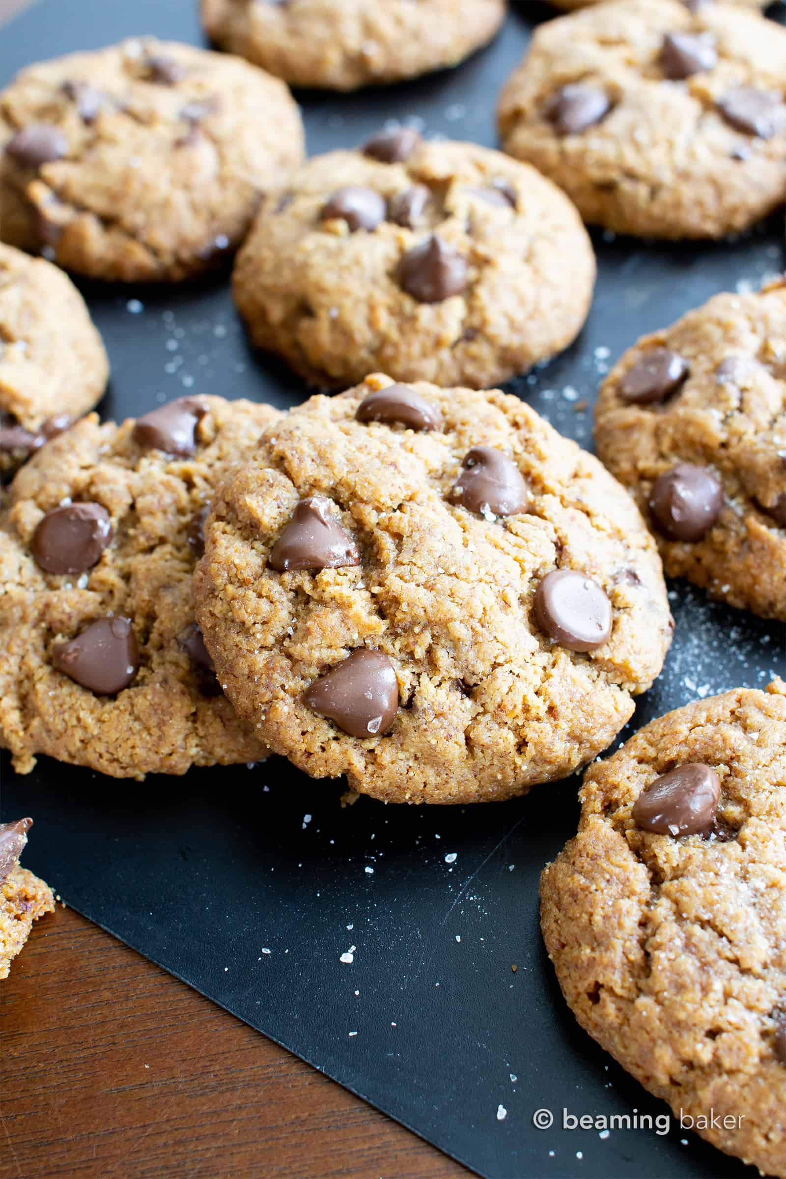 Salted Tahini Paleo Chocolate Chip Cookies (Coconut Flour): this gluten free chocolate chip cookies recipe is chewy, salty ‘n sweet! The best coconut flour chocolate chip cookies made with tahini butter! #Paleo #GlutenFree #Vegan #Cookies #GrainFree #Chocolate | Recipe at BeamingBaker.com