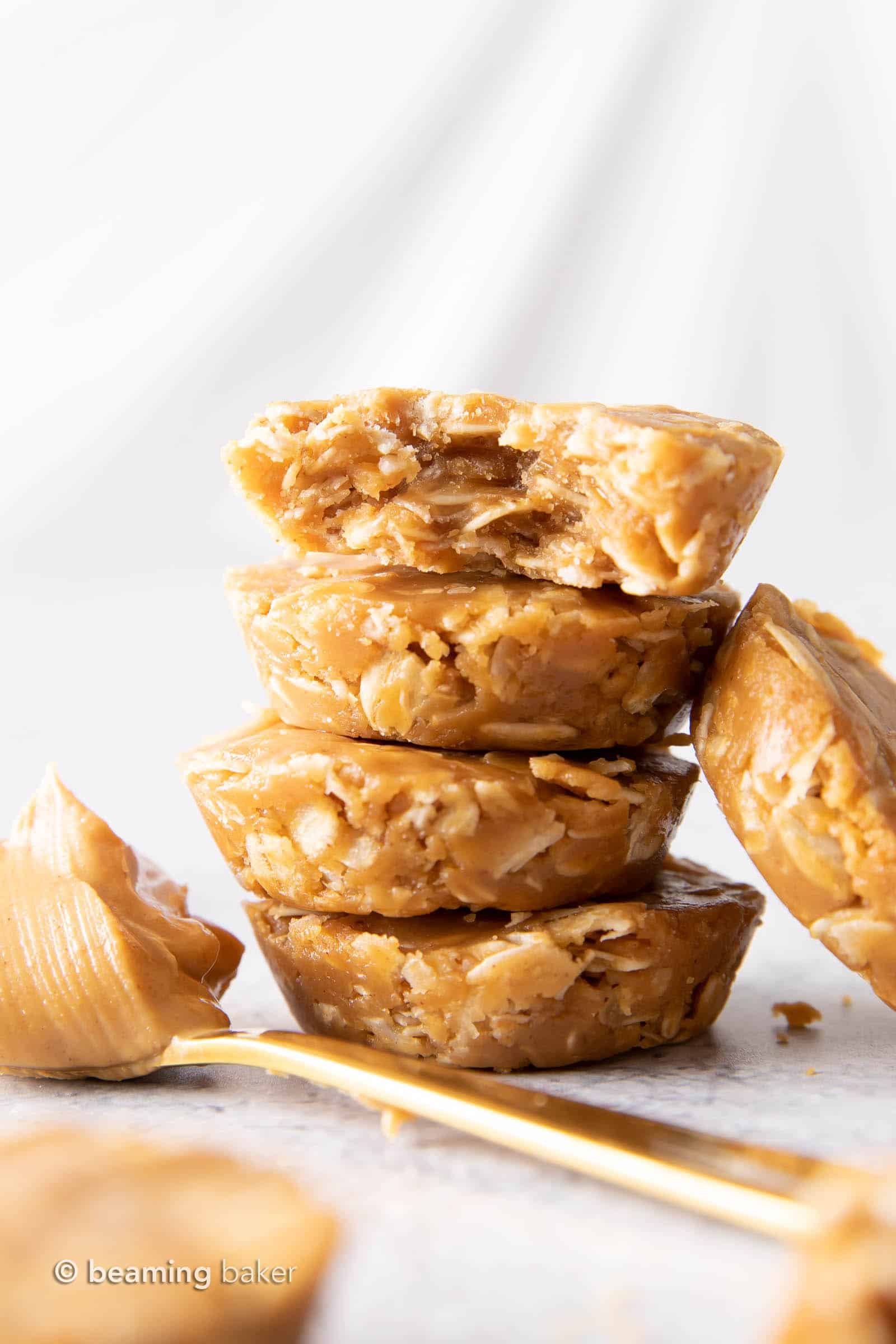 No Bake Peanut Butter Oatmeal Cups (V, GF): easy, simple & delicious—a quick recipe for soft ‘n chewy peanut butter oatmeal cups that are No Bake! Healthy, Gluten-Free, Vegan, Dairy-Free, No Cook. #NoBake #Cookies #PeanutButter #Oatmeal | Recipe at BeamingBaker.com