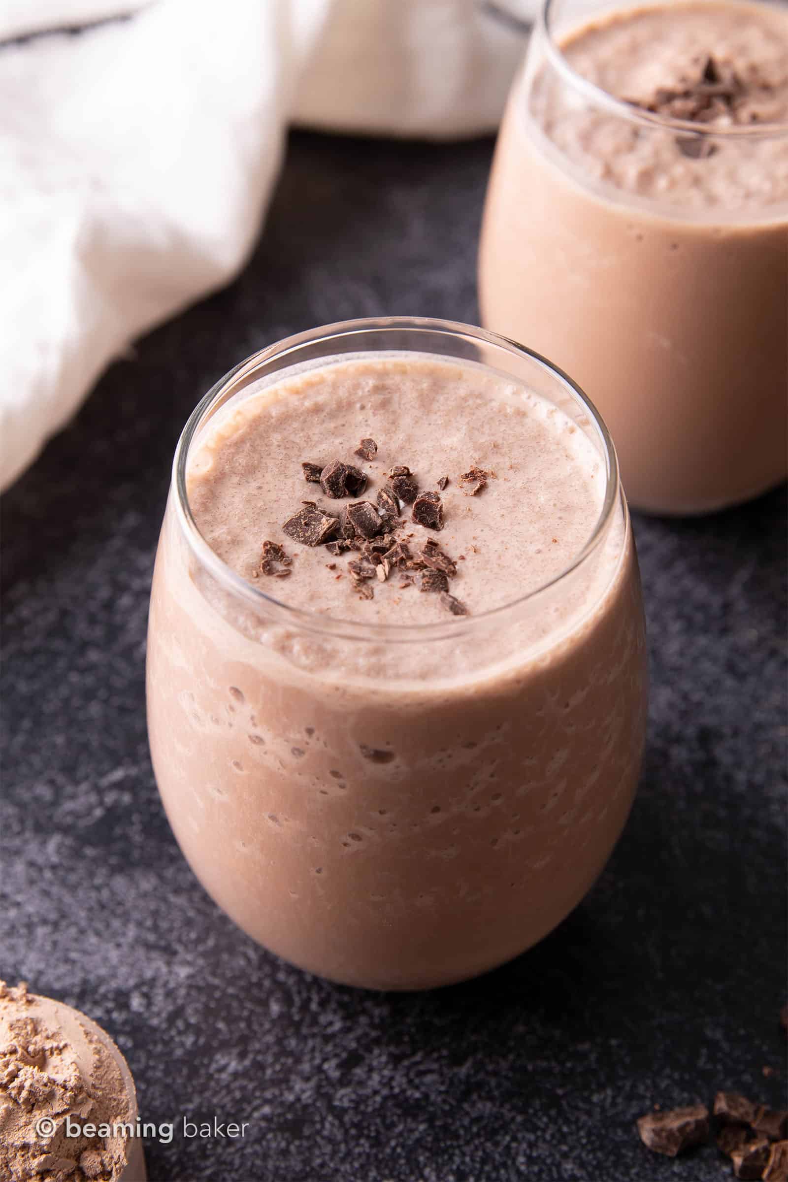 Chocolate Vegan Protein Shake Recipe (V, GF): all you need are 5 minutes & 3 ingredients to make the EASIEST & best vegan protein shake recipe—delicious, healthy & protein-rich! 22g of protein per serving. Low Sugar, Gluten Free. #Vegan #Protein #Shake #Recipe | Recipe at BeamingBaker.com