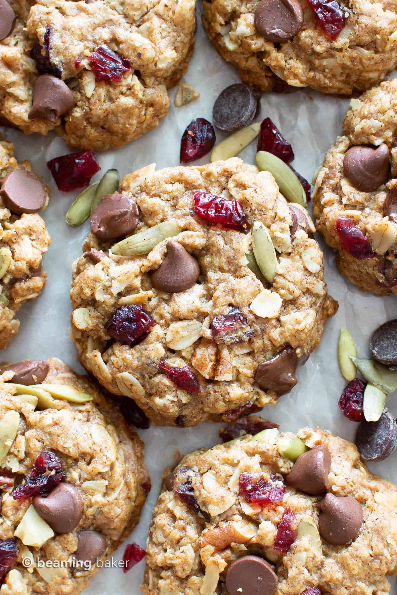 Chewy Vegan Trail Mix Cookies: an easy recipe for vegan trail mix cookies that are delightfully chewy and packed with healthy fruits, nuts and seeds! #Vegan #TrailMix #Cookies | Recipe at BeamingBaker.com