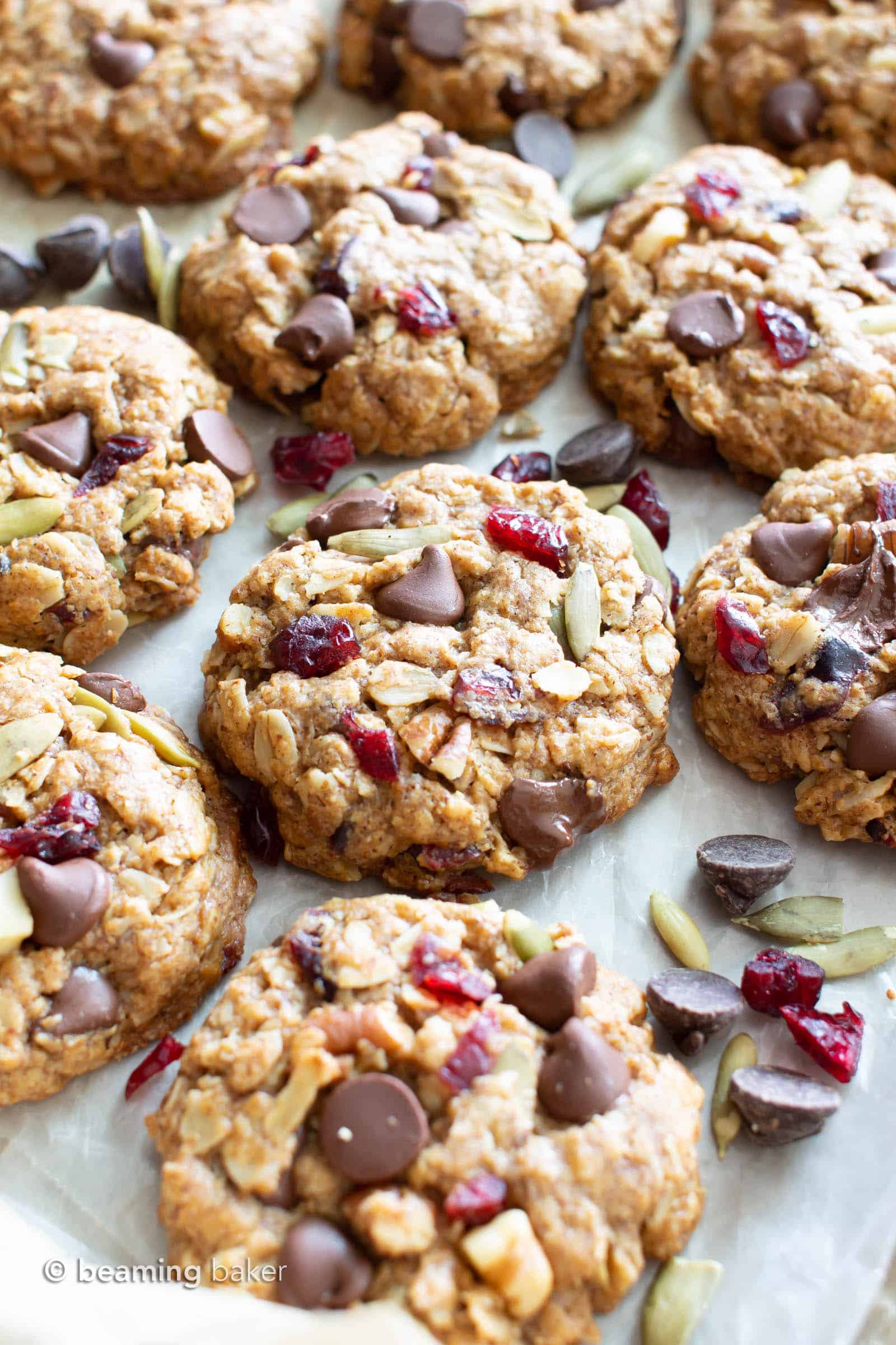 Easy Vegan Trail Mix Cookies Recipe (V, GF): learn how to make chewy vegan trail mix cookies packed with healthy fruits, nuts & seeds! The perfect homemade snack to bring with you on-the-go. Gluten Free, Dairy-Free. #Snacks #Healthy #Cookies #Vegan | Recipe at BeamingBaker.com