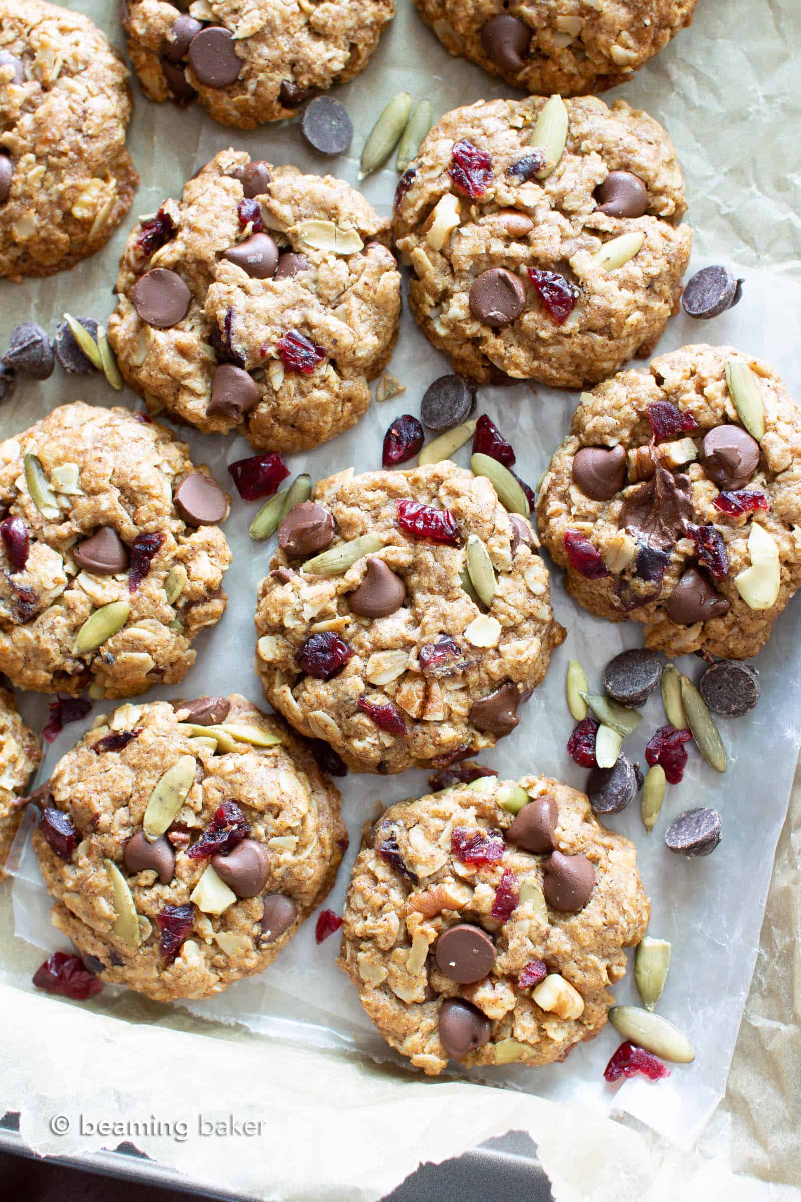 Chewy Vegan Trail Mix Cookies: an easy recipe for vegan trail mix cookies that are delightfully chewy and packed with healthy fruits, nuts and seeds! #Vegan #TrailMix #Cookies | Recipe at BeamingBaker.com