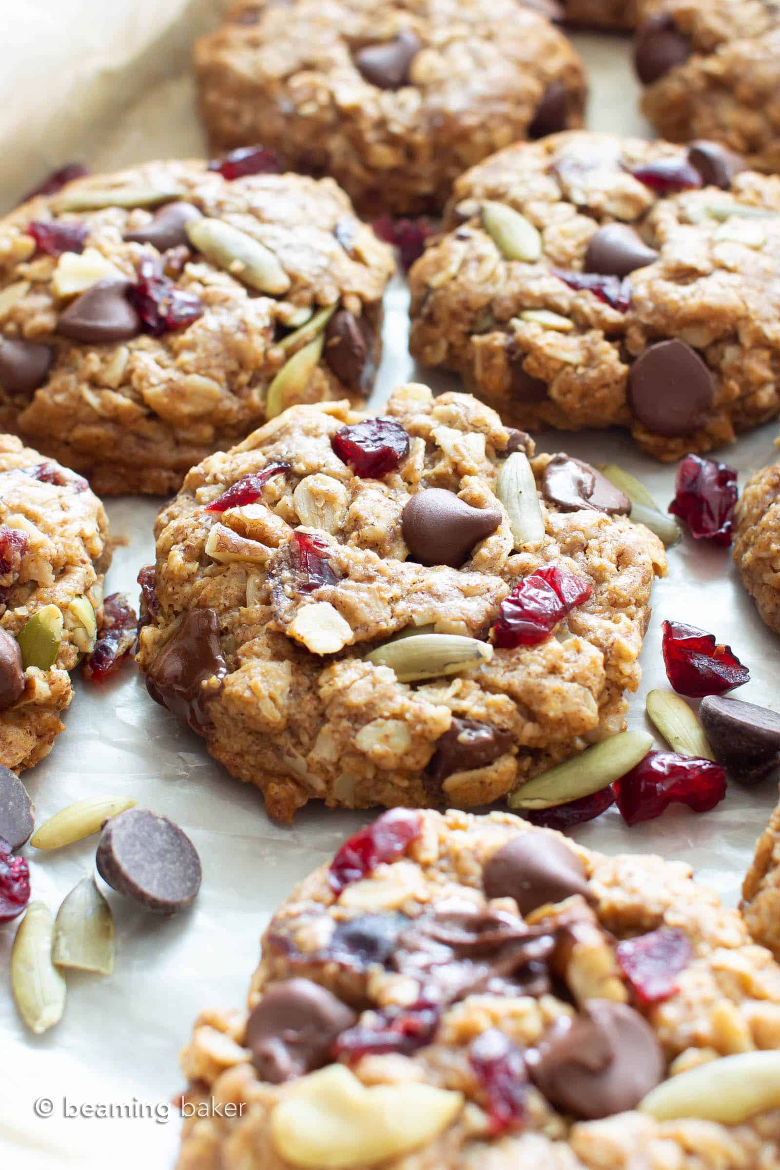 Chewy Vegan Trail Mix Cookies: an easy recipe for vegan trail mix cookies that are delightfully chewy and packed with healthy fruits, nuts and seeds! #Vegan #TrailMix #Cookies | Recipe at BeamingBaker.com