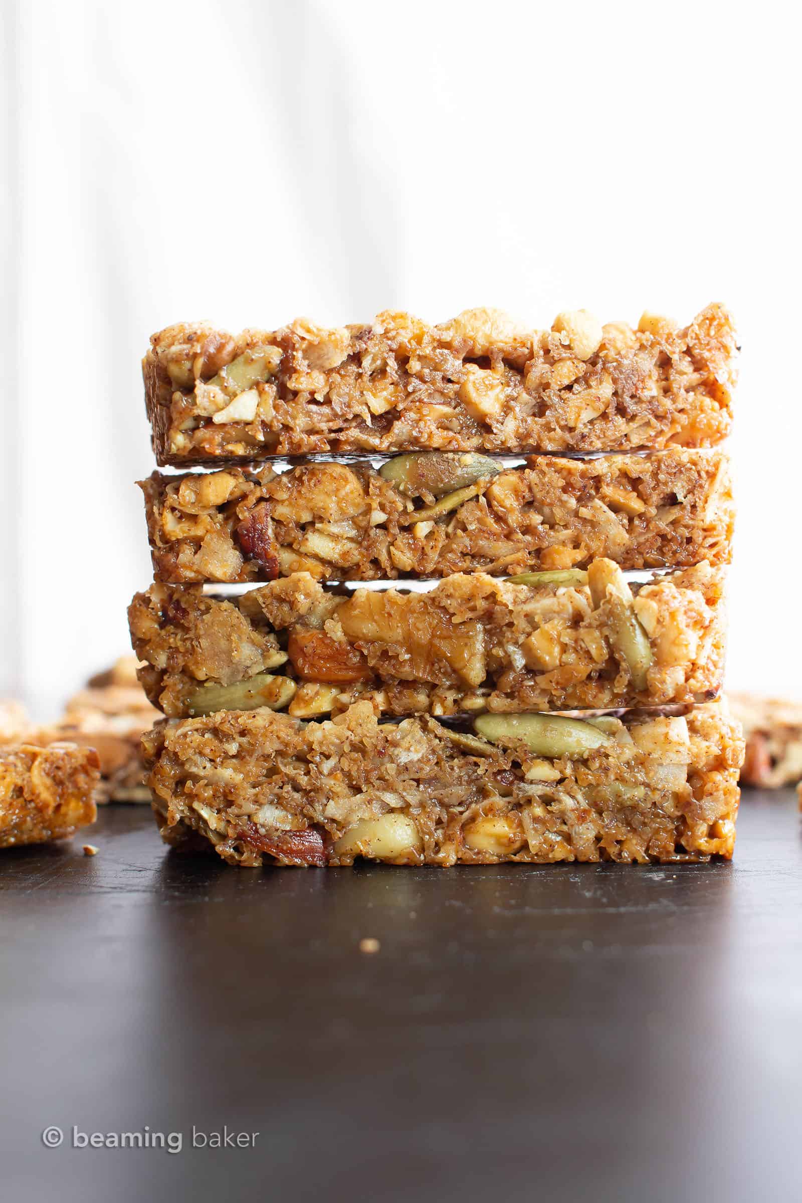 Homemade Paleo Granola Bars (V, GF): the BEST grain free granola bars recipe—chewy & satisfying, packed with nutty crunch and simple, whole ingredients. Gluten Free, Vegan, Paleo, Protein-Rich, Dairy-Free. #Paleo #GrainFree #GranolaBars #Healthy #Snacks | Recipe at BeamingBaker.com