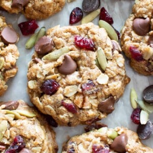 Chewy Vegan Trail Mix Cookies: an easy recipe for vegan trail mix cookies that are delightfully chewy and packed with healthy fruits, nuts and seeds! #Vegan #TrailMix #Cookies | Recipe at BeamingBaker.com