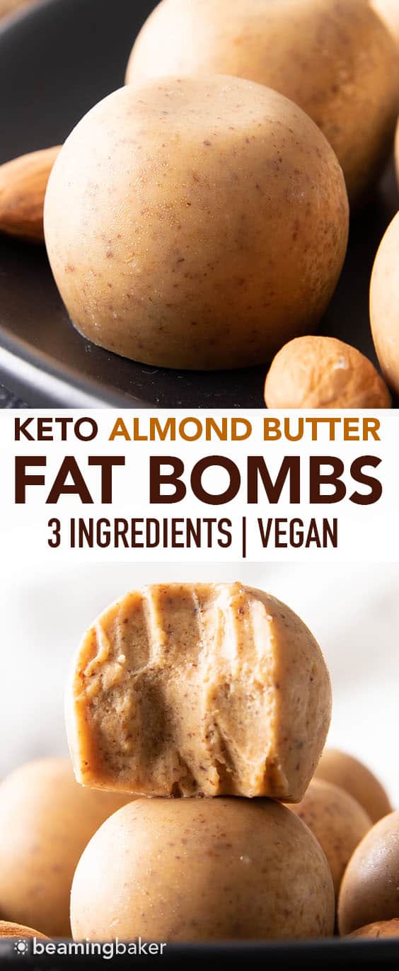 Almond Butter Keto Fat Bomb Recipe: a quick & easy recipe for the best keto fat bombs—only 3 ingredients & 5 mins to prep. Deliciously creamy, satisfying almond butter fat bombs that are: Low Carb, Keto, Vegan. #Keto #FatBombs #NoBake #AlmondButter #LowCarb | Recipe at BeamingBaker.com