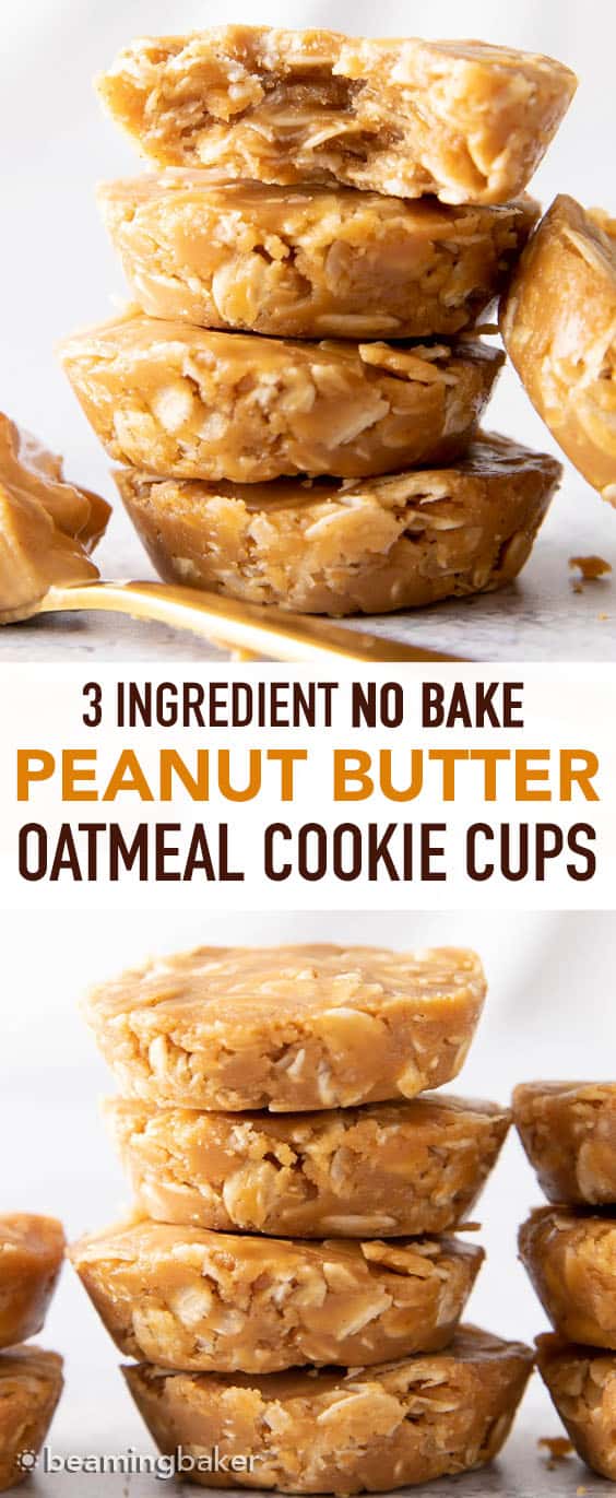 No Bake Peanut Butter Oatmeal Cups (V, GF): easy, simple & delicious—a quick recipe for soft ‘n chewy peanut butter oatmeal cups that are No Bake! Healthy, Gluten-Free, Vegan, Dairy-Free, No Cook. #NoBake #Cookies #PeanutButter #Oatmeal | Recipe at BeamingBaker.com