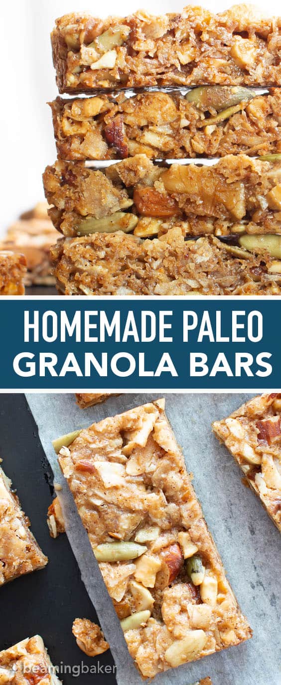 Homemade Paleo Granola Bars (V, GF): the BEST grain free granola bars recipe—chewy & satisfying, packed with nutty crunch and simple, whole ingredients. Gluten Free, Vegan, Paleo, Protein-Rich, Dairy-Free. #Paleo #GrainFree #GranolaBars #Healthy #Snacks | Recipe at BeamingBaker.com