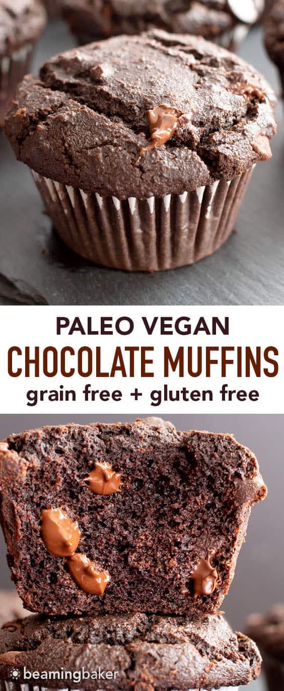 Paleo Chocolate Muffins: moist Gluten Free chocolate muffins with almond flour, tons of chocolate & crispy tops! Easy, Grain-Free, Vegan, Healthy ingredients. #Paleo #Muffins #GlutenFree #Chocolate | Recipe at BeamingBaker.com