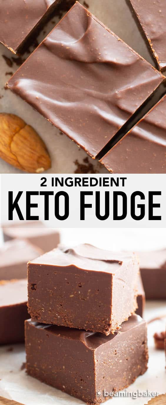 Keto Fudge: this easy keto fudge recipe calls for just 2 simple ingredients and only 5 mins of prep. Creamy, chocolate-y fudge that’s low carb! #Keto #Fudge #LowCarb #Ketogenic | Recipe at BeamingBaker.com