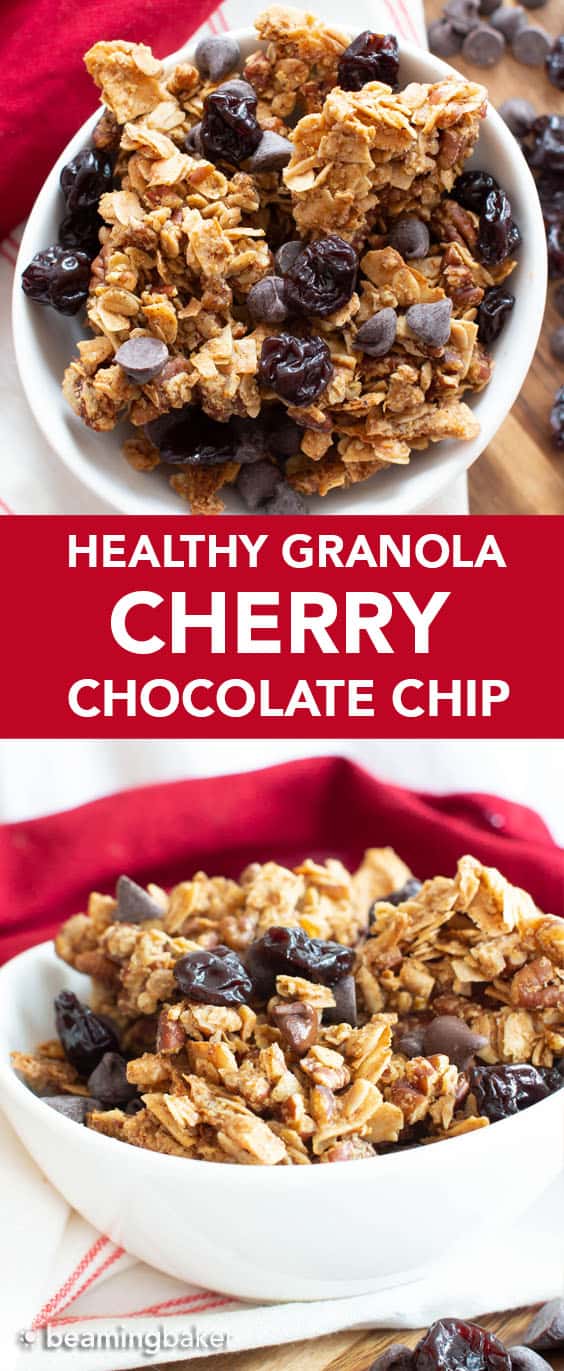 Healthy Granola Recipe with Cherries & Chocolate: the best EASY healthy granola recipe with BIG chunky clusters, packed full of nutty crunch, satisfying chewy oats, tart & sweet cherries with chocolate! #Granola #Healthy #Snacks #Vegan | Recipe at BeamingBaker.com