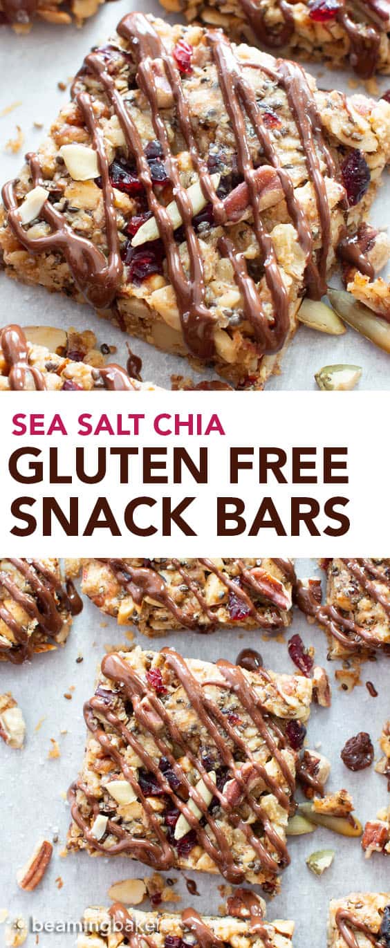 Salted Chia Chocolate Healthy Vegan Snack Bars: the best vegan snack bars recipe—chewy & delicious, packed with nutty crunch and EASY to make! Gluten Free, Dairy-Free. #Snacks #Bars #Vegan #Healthy | Recipe at BeamingBaker.com