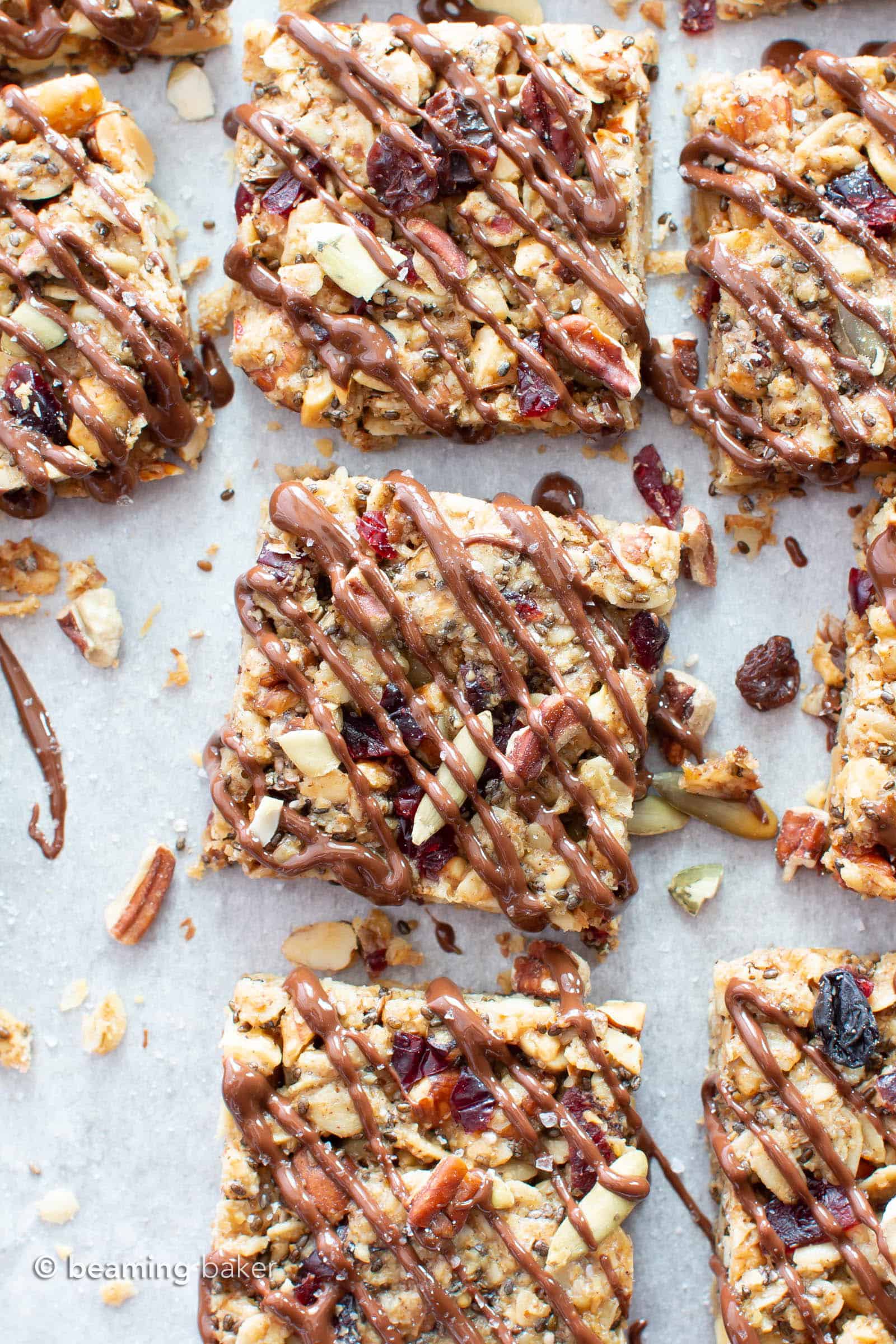 Salted Chia Chocolate Healthy Vegan Snack Bars: the best vegan snack bars recipe—chewy & delicious, packed with nutty crunch and EASY to make! Gluten Free, Dairy-Free. #Snacks #Bars #Vegan #Healthy | Recipe at BeamingBaker.com