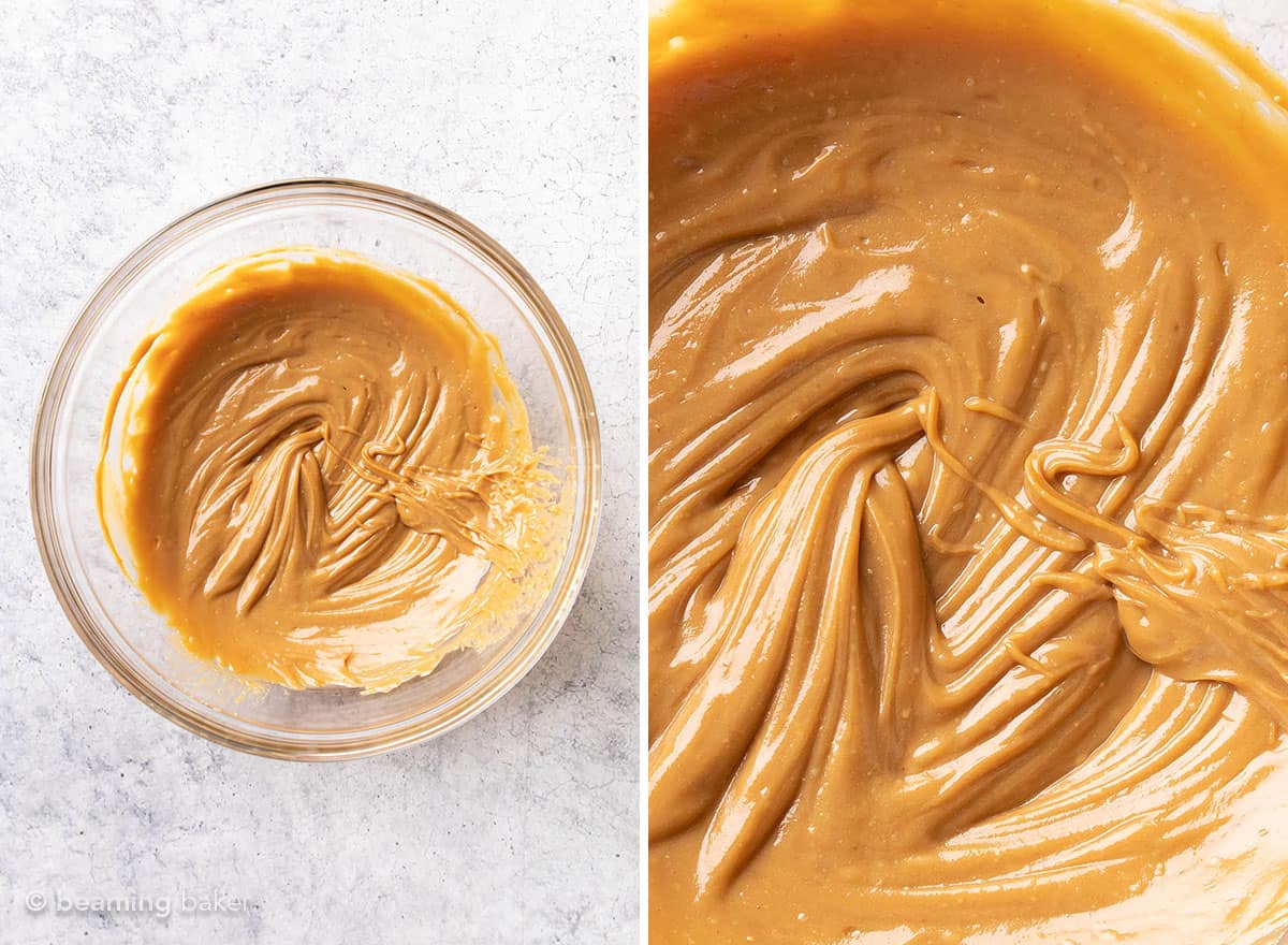 two pics of sweetened peanut butter mixture for peanut butter granola bars.