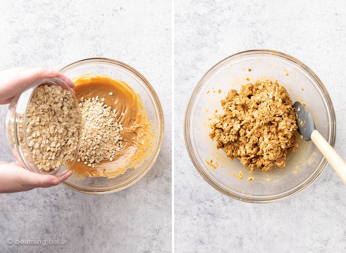 two overhead pics showing hand adding oats to peanut butter granola bars mixture.