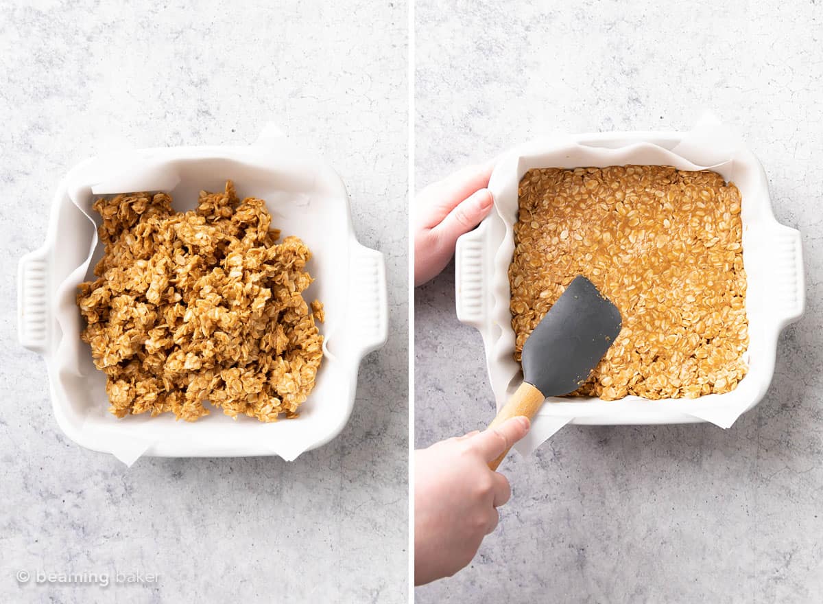 two pics of granola bar mixture being added and smoothed in pan.