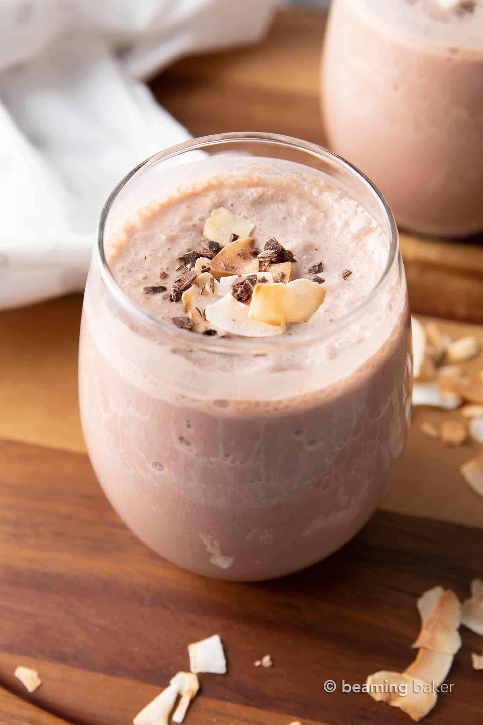 Coconut Chocolate Keto Smoothie: this keto protein smoothie recipe is delicious, easy to make & Low Carb! Just 6 ingredients for 12 grams of protein and only 3 net carbs. #LowCarb #HighProtein #Vegan #Smoothie | Recipe at BeamingBaker.com