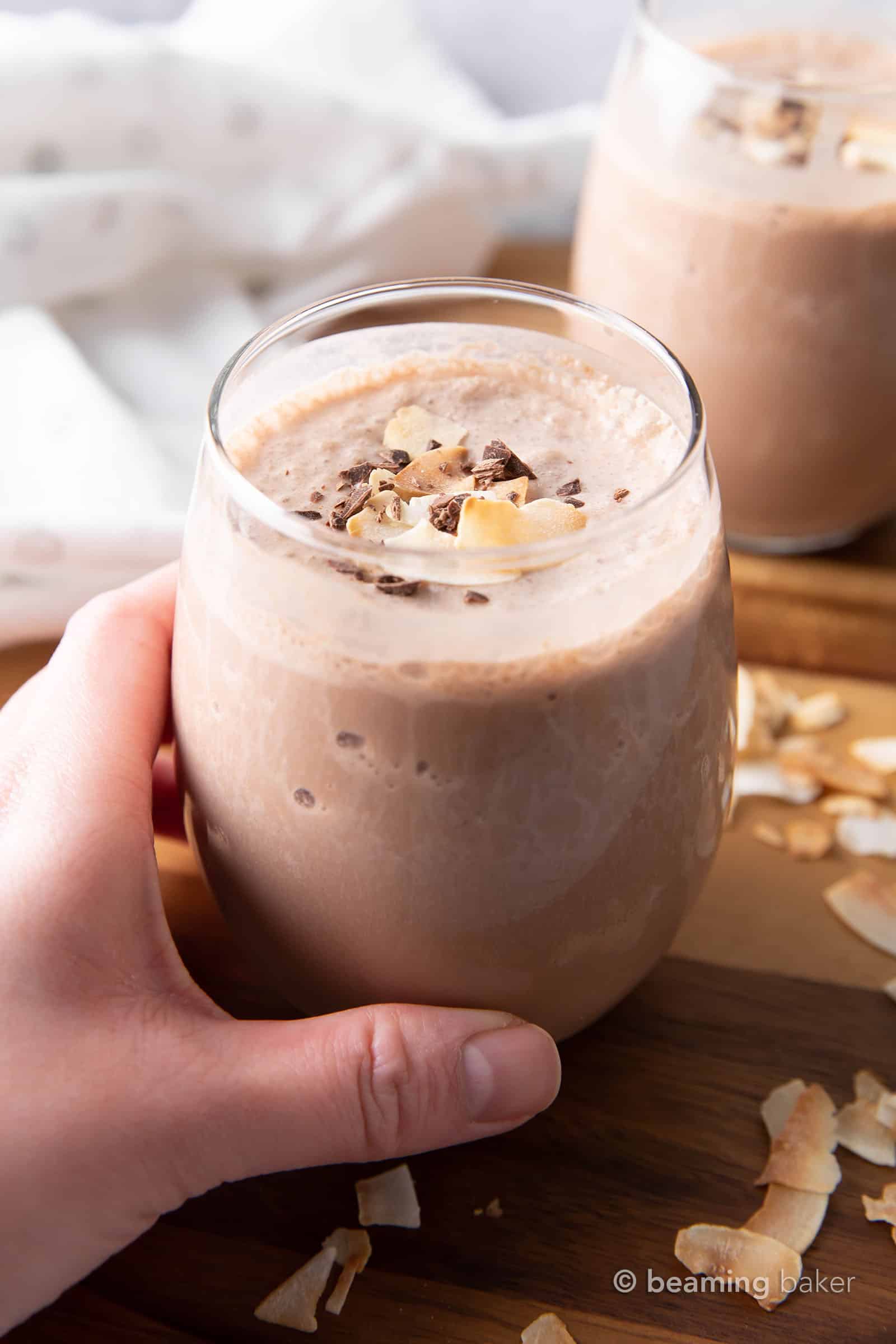 Coconut Chocolate Keto Smoothie: this keto protein smoothie recipe is delicious, easy to make & Low Carb! Just 6 ingredients for 12 grams of protein and only 3 net carbs. #LowCarb #HighProtein #Vegan #Smoothie | Recipe at BeamingBaker.com