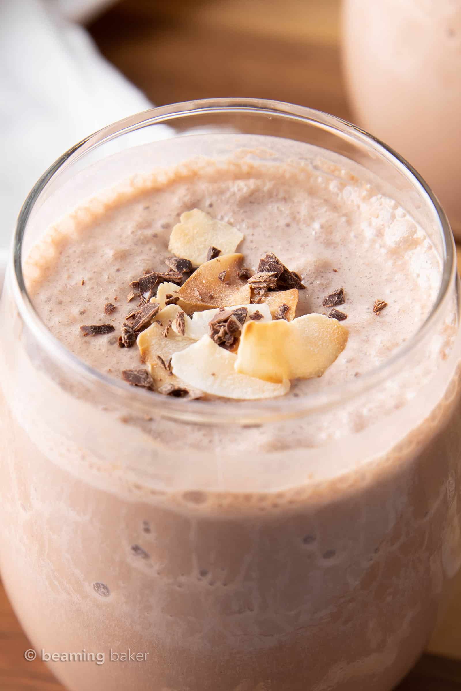 Coconut Chocolate Keto Smoothie: this keto protein smoothie recipe is delicious, easy to make & Low Carb! Just 6 ingredients for 12 grams of protein and only 3 net carbs. #LowCarb #HighProtein #Vegan #Smoothie | Recipe at BeamingBaker.com