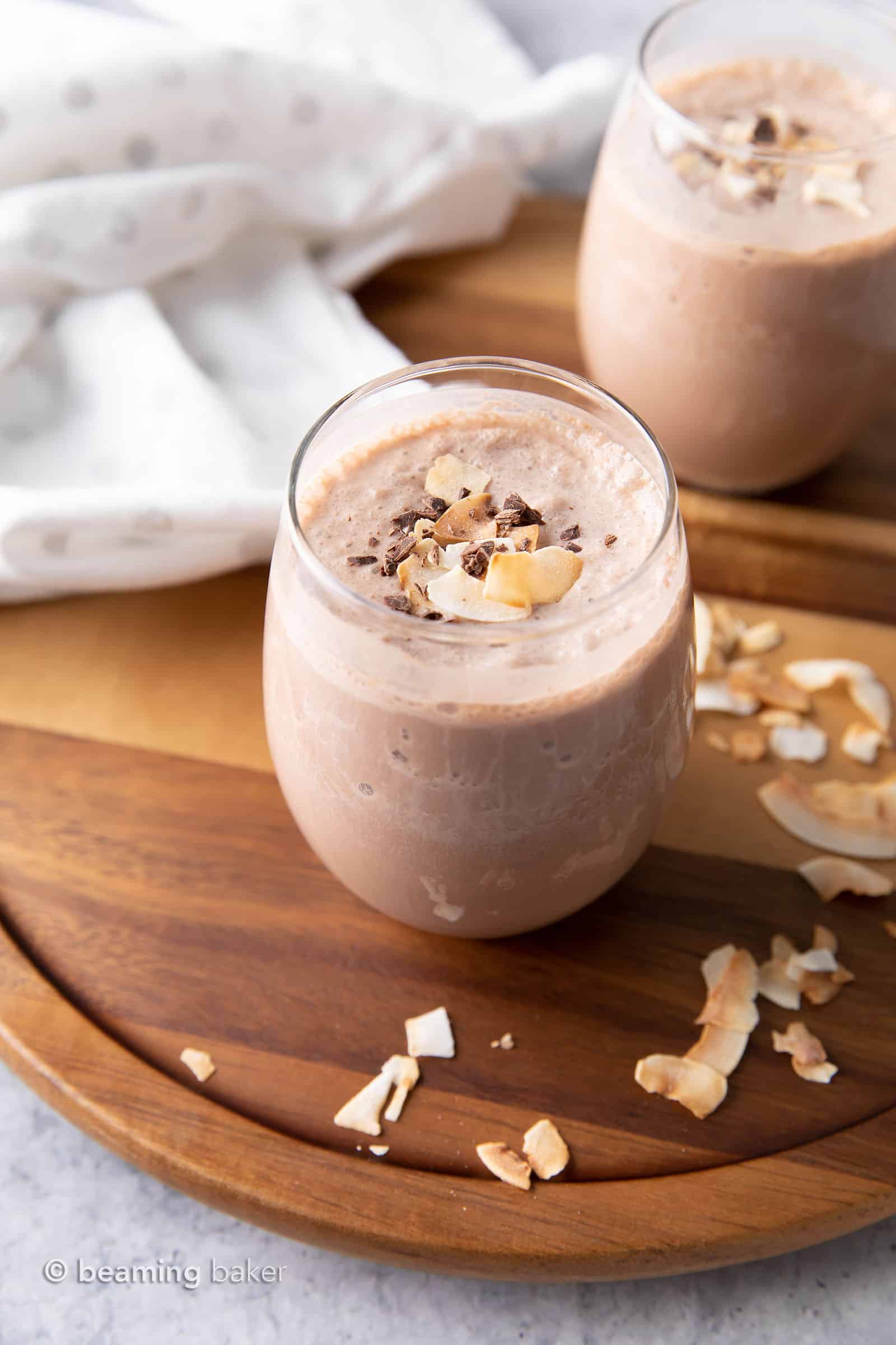Coconut Chocolate Keto Smoothie: this keto protein smoothie recipe is delicious, easy to make & Low Carb! Just 6 ingredients for 12 grams of protein and only 3 net carbs. #LowCarb #HighProtein #Vegan #Smoothie | Recipe at BeamingBaker.com