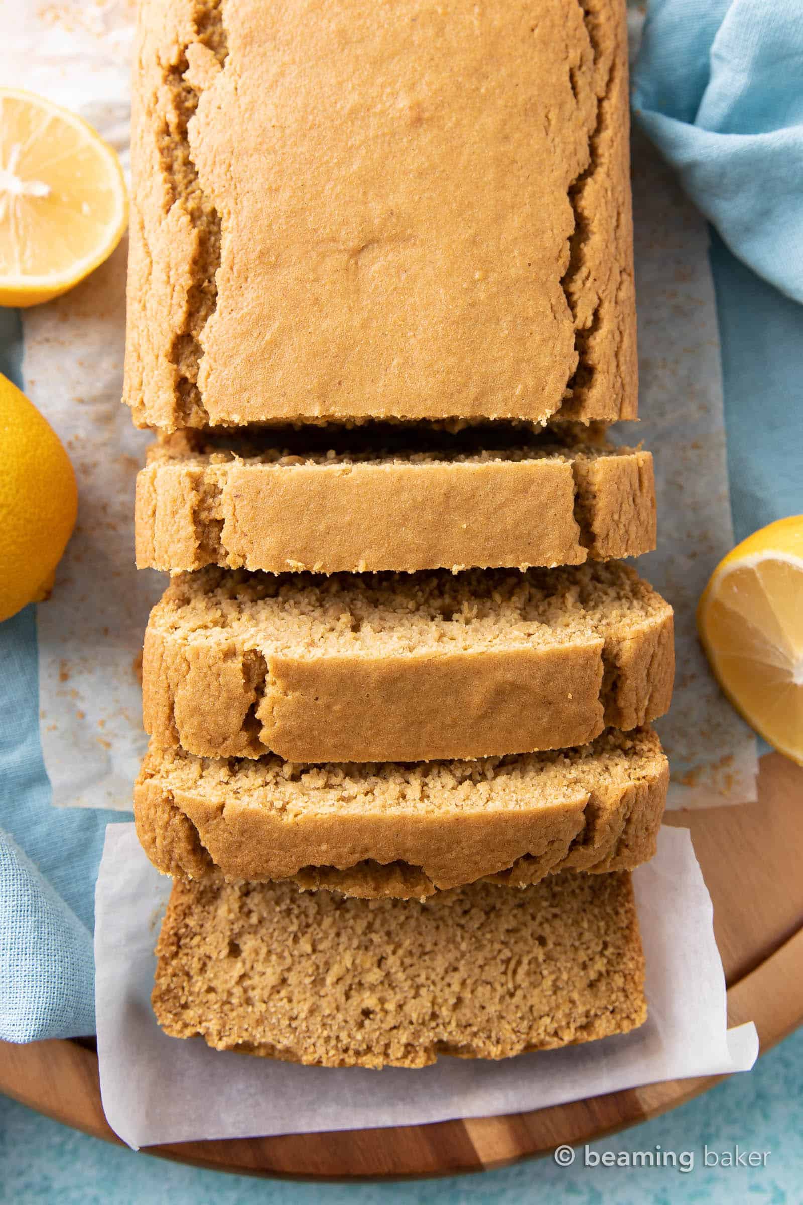 Easy Vegan Lemon Loaf: this dairy free lemon loaf is moist & fluffy, bursting with bright lemon flavor. Easy to make, Plant-Based ingredients, Gluten Free. #Lemon #Vegan #GlutenFree #Healthy | Recipe at BeamingBaker.com