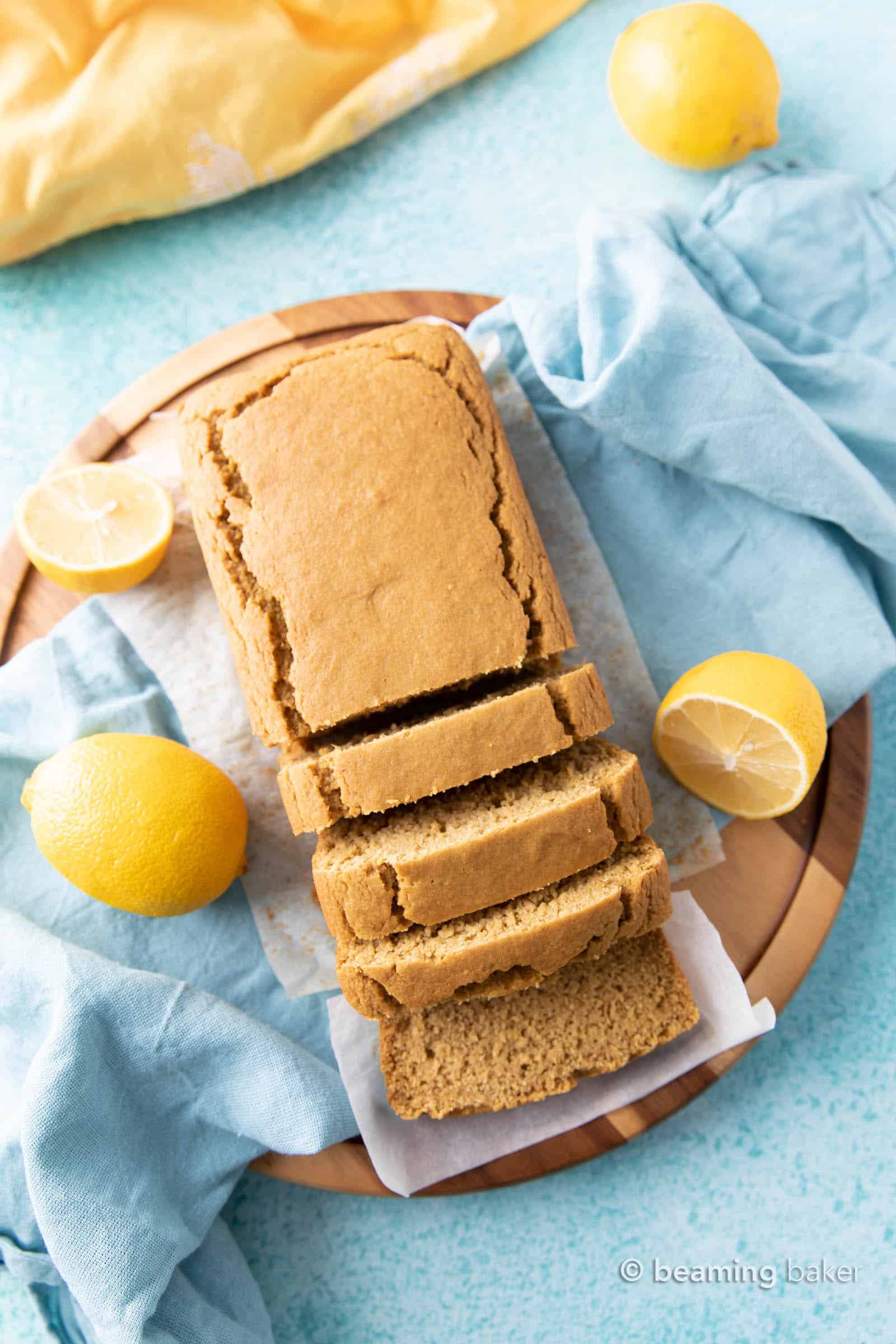 Easy Vegan Lemon Loaf: this dairy free lemon loaf is moist & fluffy, bursting with bright lemon flavor. Easy to make, Plant-Based ingredients, Gluten Free. #Lemon #Vegan #GlutenFree #Healthy | Recipe at BeamingBaker.com