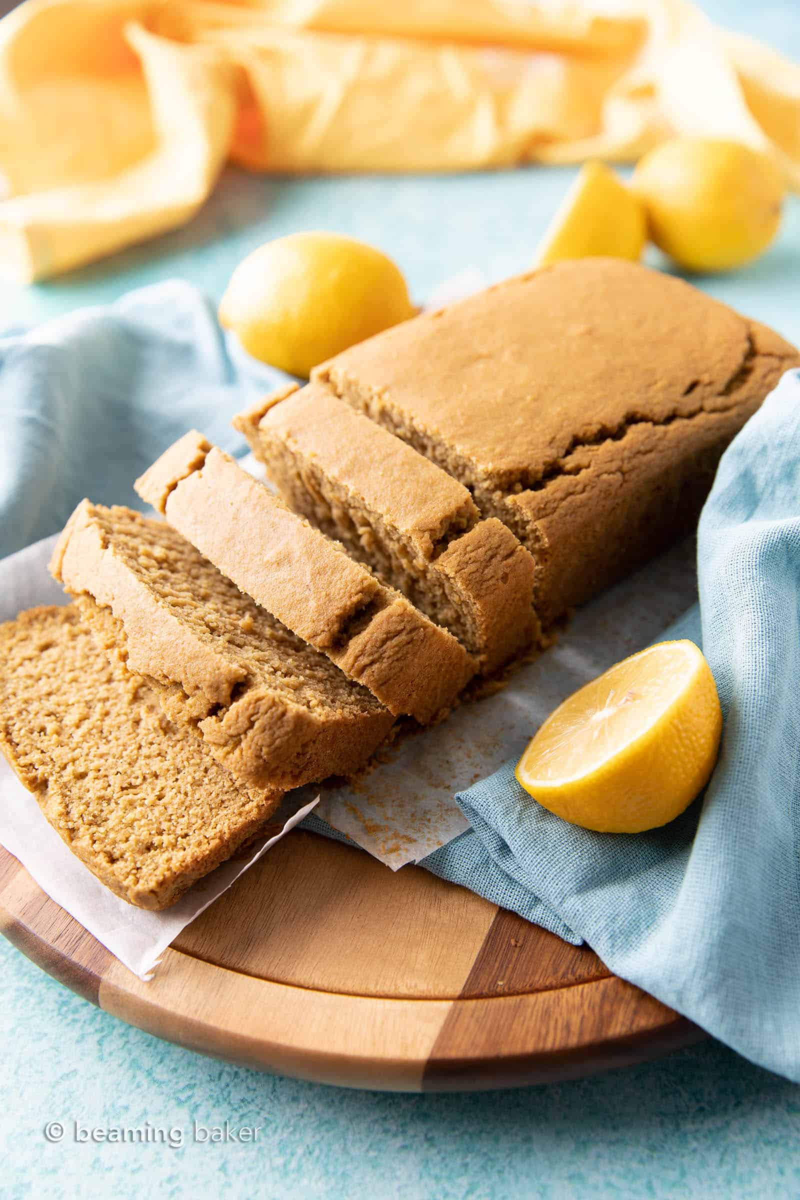 Easy Vegan Lemon Loaf: this dairy free lemon loaf is moist & fluffy, bursting with bright lemon flavor. Easy to make, Plant-Based ingredients, Gluten Free. #Lemon #Vegan #GlutenFree #Healthy | Recipe at BeamingBaker.com