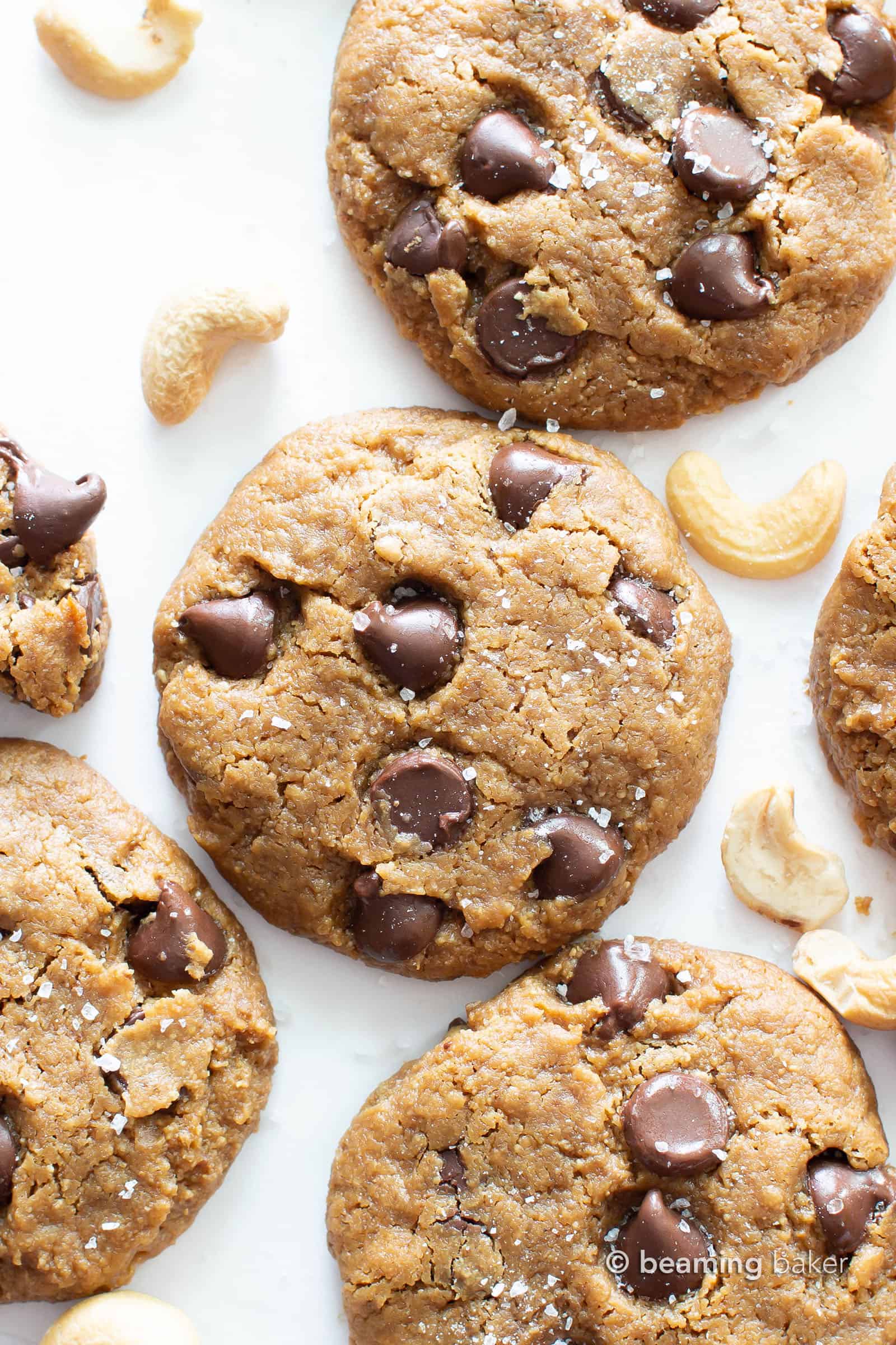 Salted Flourless Cashew Butter Cookies (V, GF): this vegan cashew butter cookies recipe creates soft, decadent flourless cashew butter cookies packed with chocolate & sea salt! #Flourless #CashewButter #Cookies #Vegan | Recipe at BeamingBaker.com