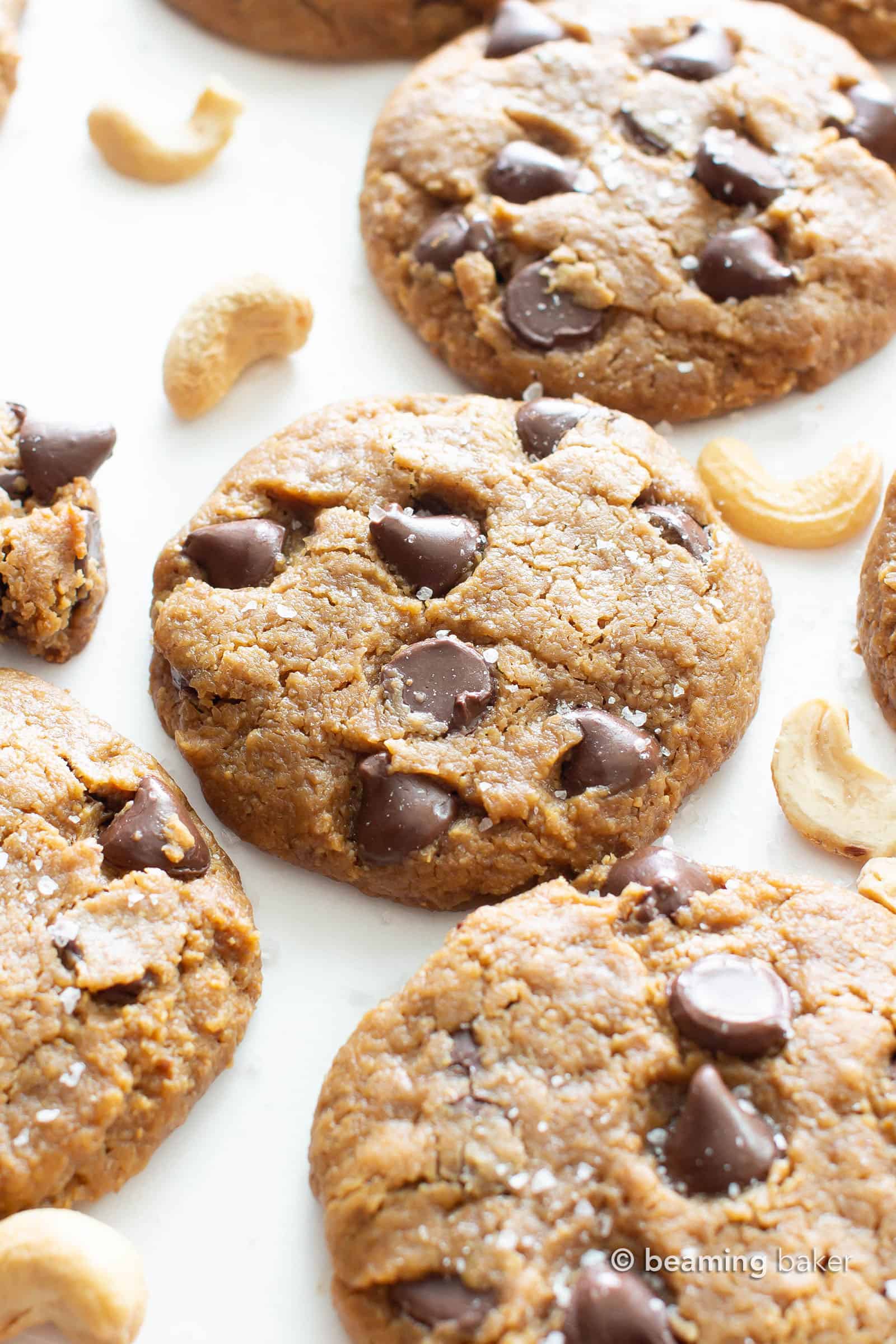 Salted Flourless Cashew Butter Cookies (V, GF): this vegan cashew butter cookies recipe creates soft, decadent flourless cashew butter cookies packed with chocolate & sea salt! #Flourless #CashewButter #Cookies #Vegan | Recipe at BeamingBaker.com