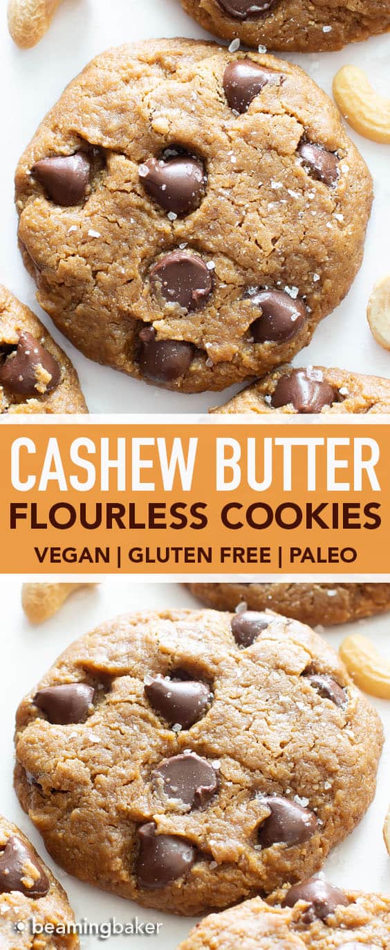 Salted Flourless Cashew Butter Cookies (V, GF): this vegan cashew butter cookies recipe creates soft, decadent flourless cashew butter cookies packed with chocolate & sea salt! #Flourless #CashewButter #Cookies #Vegan | Recipe at BeamingBaker.com