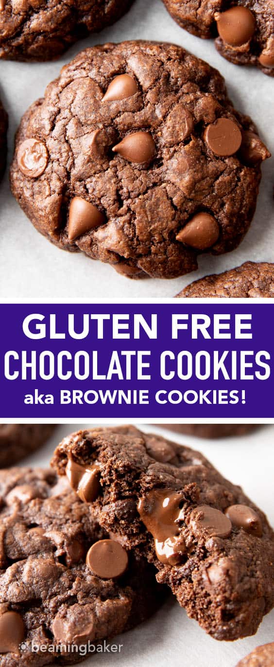 Gluten Free Chocolate Cookies: chewy & moist gluten free brownie cookies with a crispy exterior and LOTS of chocolate packed in! The BEST gluten free chocolate brownie cookie recipe EVER. #Brownies #GlutenFree #Cookies #Vegan | Recipe at BeamingBaker.com