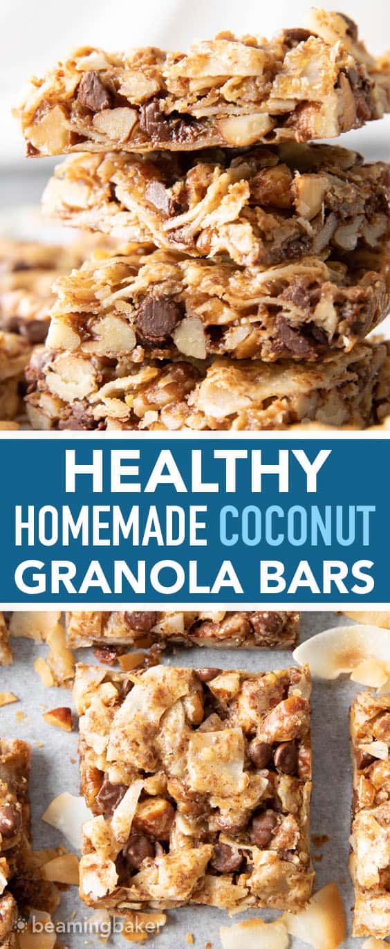 Coconut Granola Bars (Paleo): chewy & healthy homemade granola bars bursting with coconut & nuts! Deliciously healthy granola bars—Paleo, Grain-Free, Vegan, Gluten Free. #GranolaBars #Paleo #Healthy #Vegan | Recipe at BeamingBaker.com