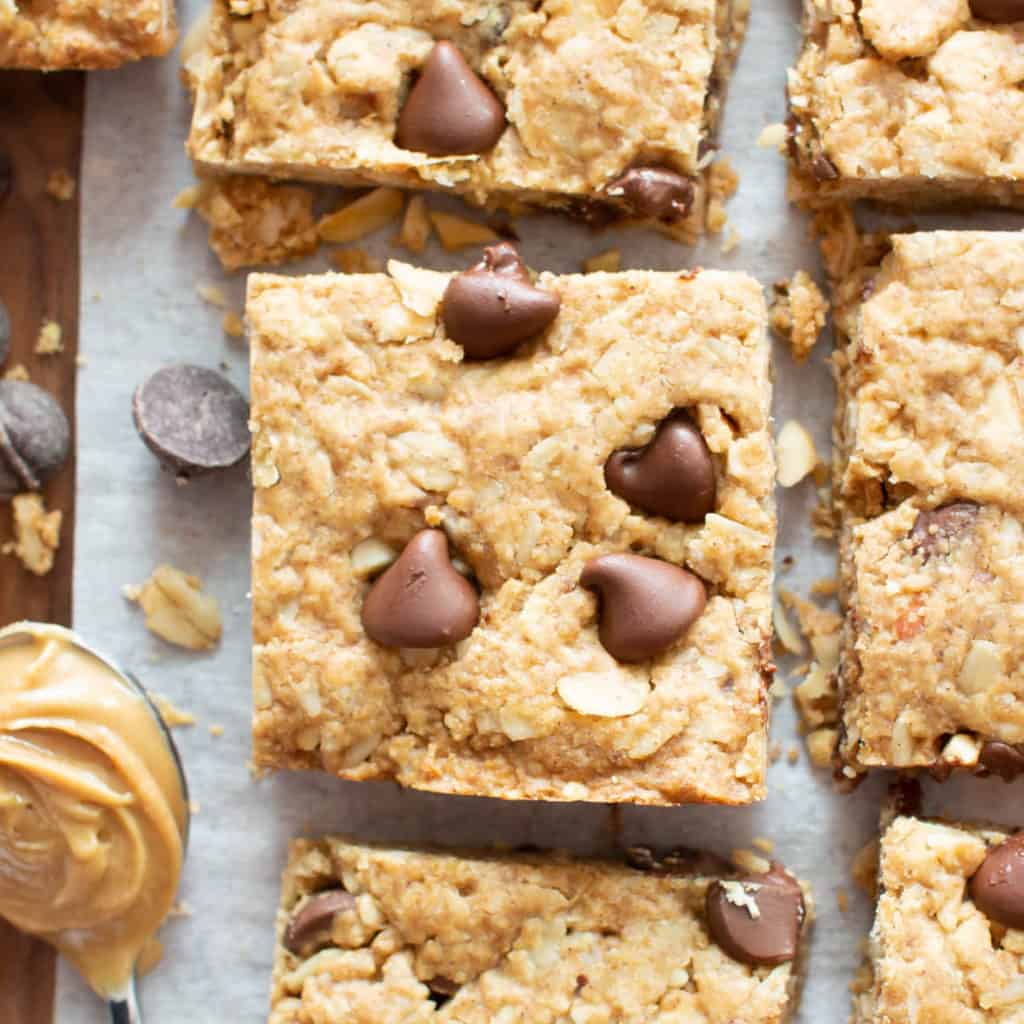 Healthy Peanut Butter Chocolate Chip Oatmeal Cookie Bars Beaming Baker