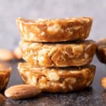 Easy Oatmeal Cups with Almond Butter: this 3 ingredient No Bake oatmeal cups recipe yields soft & chewy oatmeal cups—the perfect Quick ‘n Easy snack on-the-go! Vegan, Gluten Free. #PeanutButter #Oatmeal #NoBake #HealthySnacks | Recipe at BeamingBaker.com