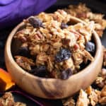 Oatmeal Raisin Vegan Granola Recipe: super CHUNKY, big cluster homemade vegan granola with juicy raisins and fiber-rich oats! Gluten Free, Healthy, Dairy-Free. #Granola #Healthy #GlutenFree #Vegan | Recipe at BeamingBaker.com