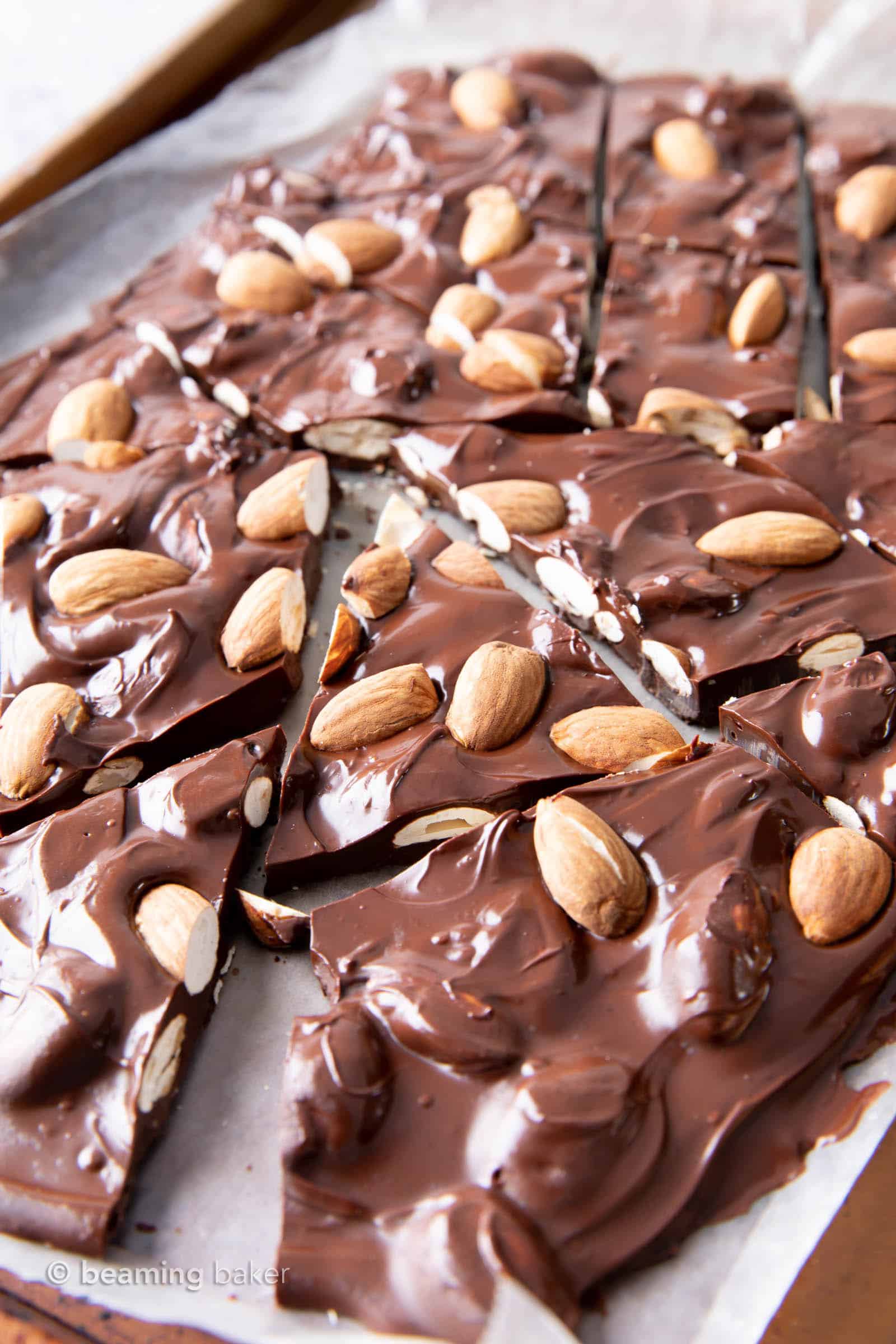 3 Ingredient Keto Almond Bark Recipe: this 5 minute keto candy recipe is decadent, rich and Low Carb! Easy to Make, Dairy-Free. #KetoCandy #Keto #LowCarb #SugarFree | Recipe at BeamingBaker.com