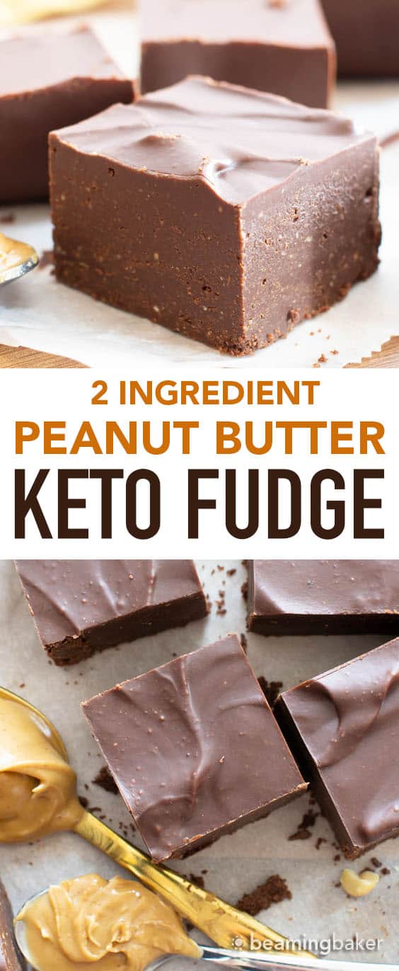 2 Ingredient Keto Chocolate Peanut Butter Fudge: EASY keto fudge recipe prepared in 5 minutes for thick squares of decadent, Low Carb keto chocolate peanut butter fudge. #Keto #LowCarb #PeanutButter #Fudge | Recipe at BeamingBaker.com